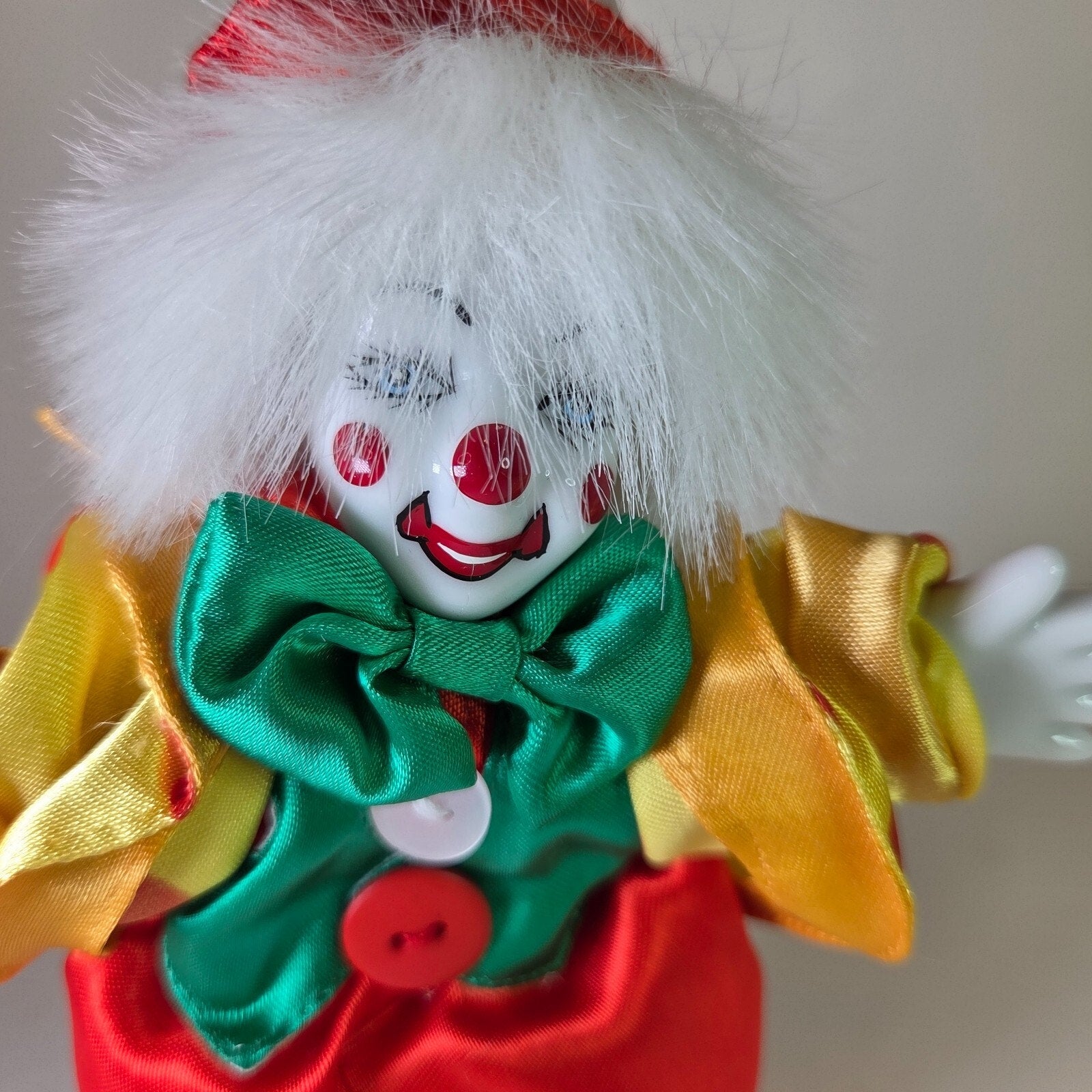 Vintage Porcelain Clown Doll Holding Balloons Fabric Body Red Yellow 7.5"