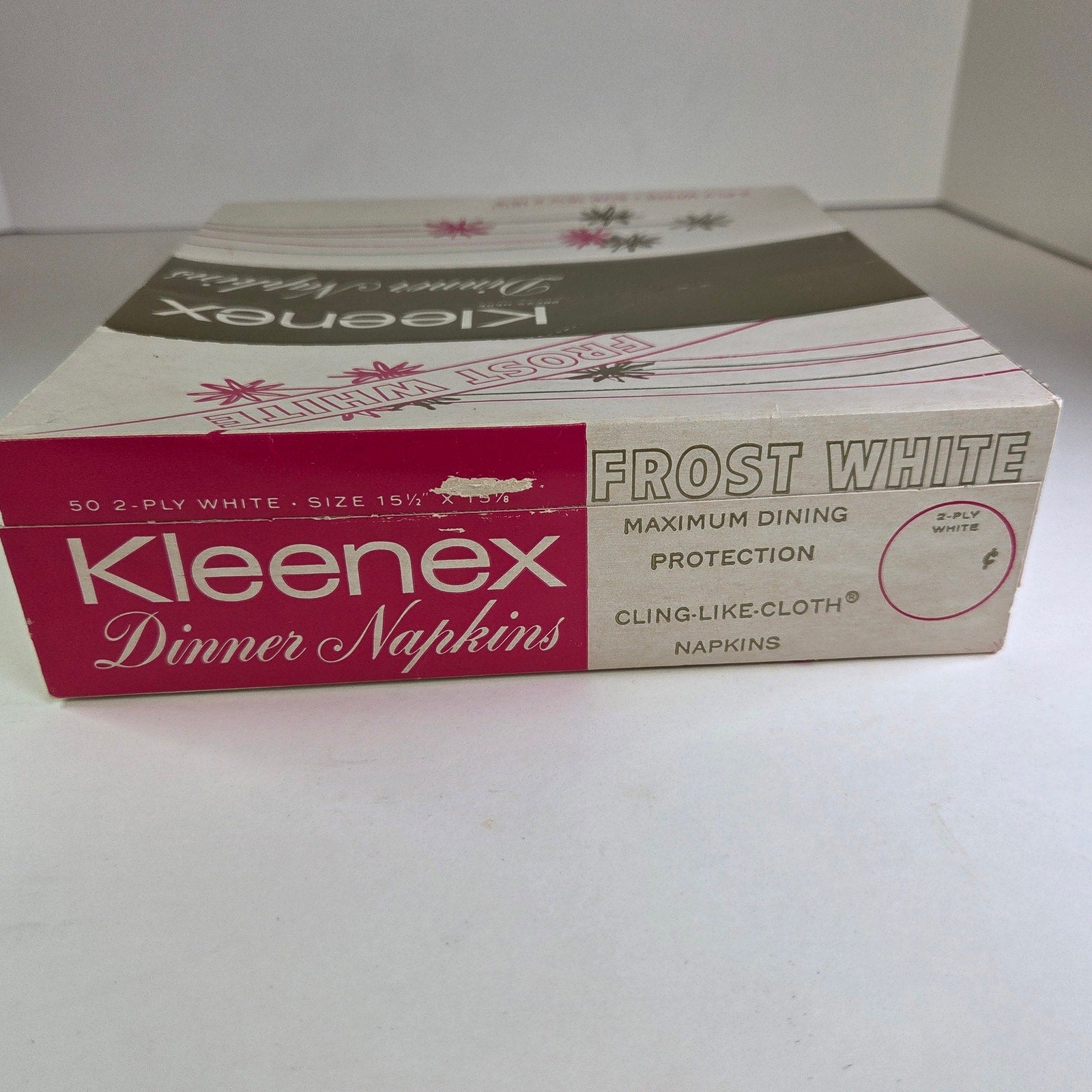 Vintage 1960 Kleenex Dinner Napkins Box Frost White 2-Ply 50ct Retro Unused NOS