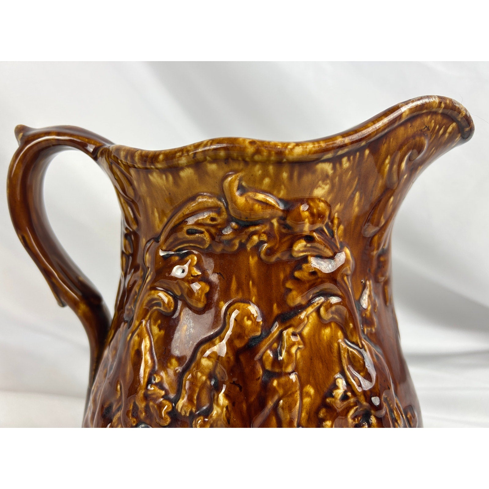Vintage Rockingham Glaze Pitcher Relief Hunting Scene Dogs Stoneware
