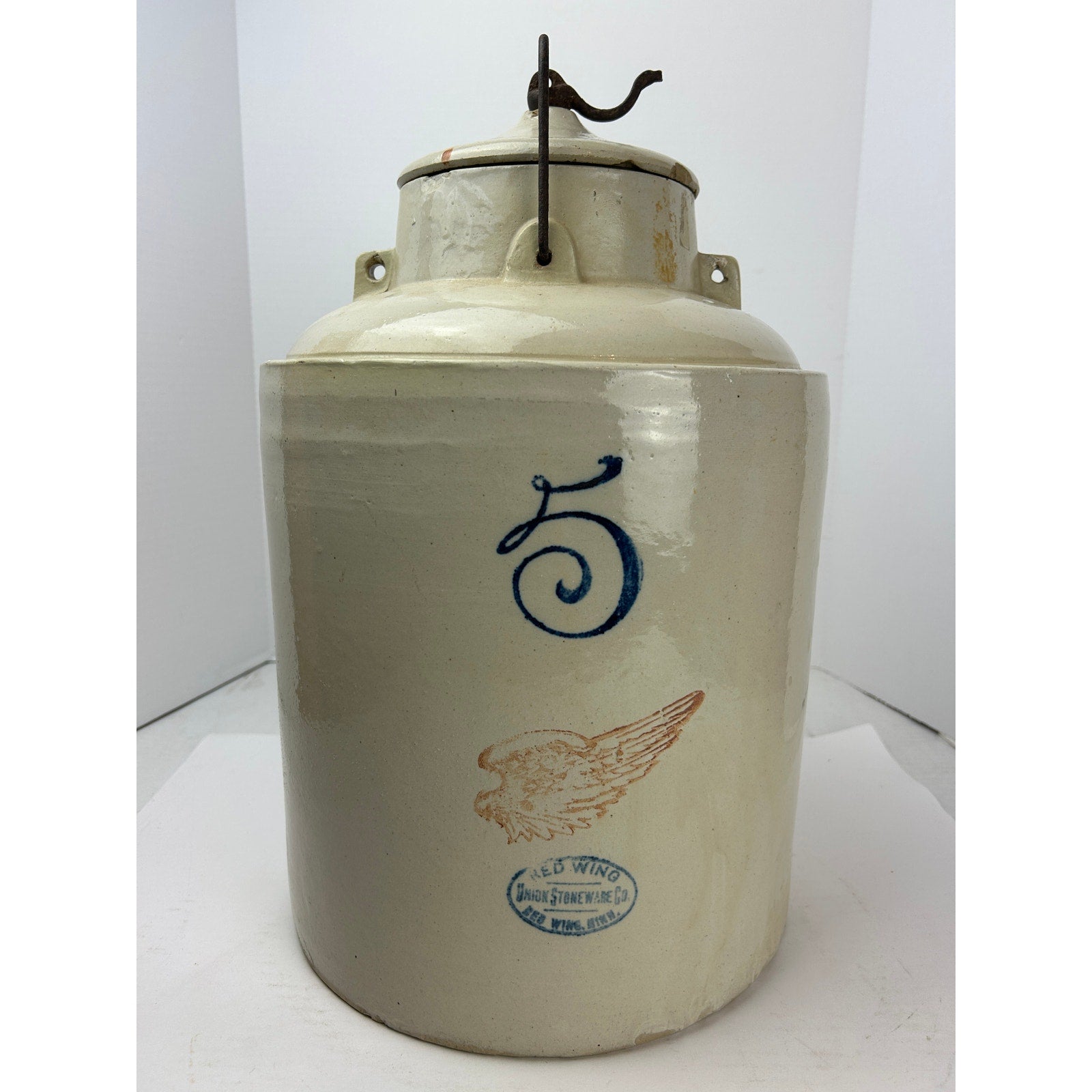 Red Wing 5 Gallon Stoneware Pickle Jar With Lid, Small Wing Stamp, No Handle