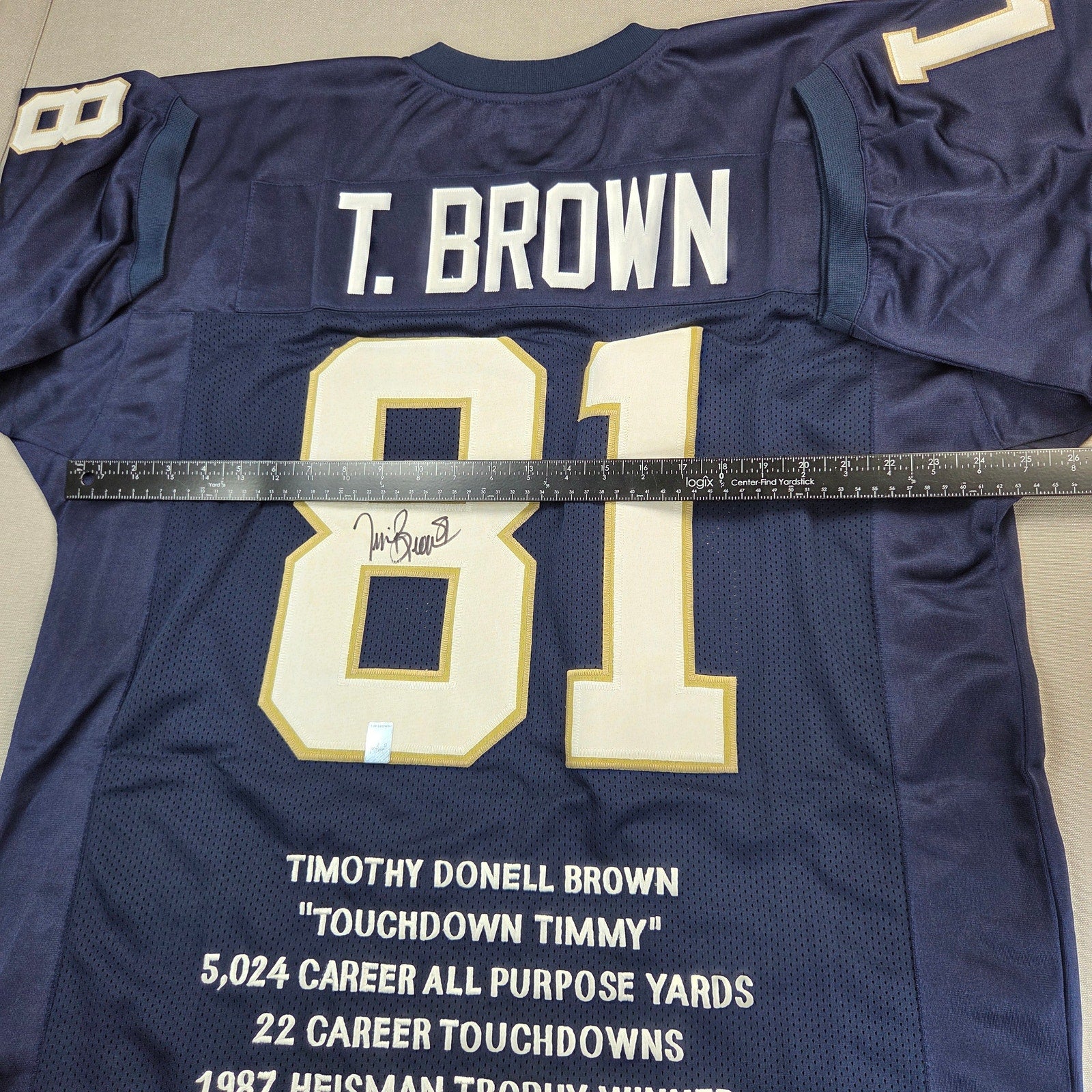 Tim Brown Signed Notre Dame Career Stats Custom Jersey XL GTSM COA Heisman