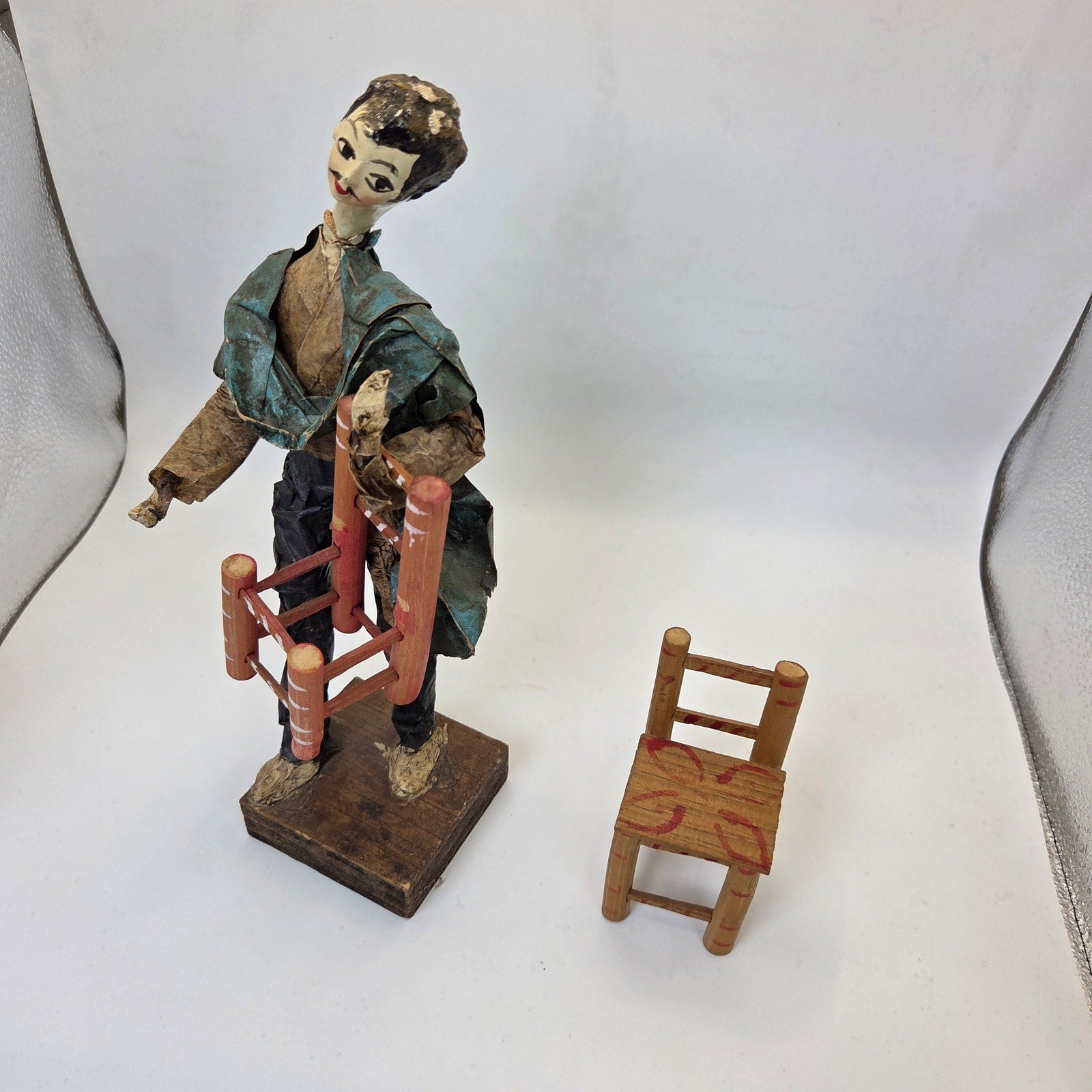 Vintage 1970s Mexican Papier Mache Folk Art Figure w/ Balancing Chairs 9"