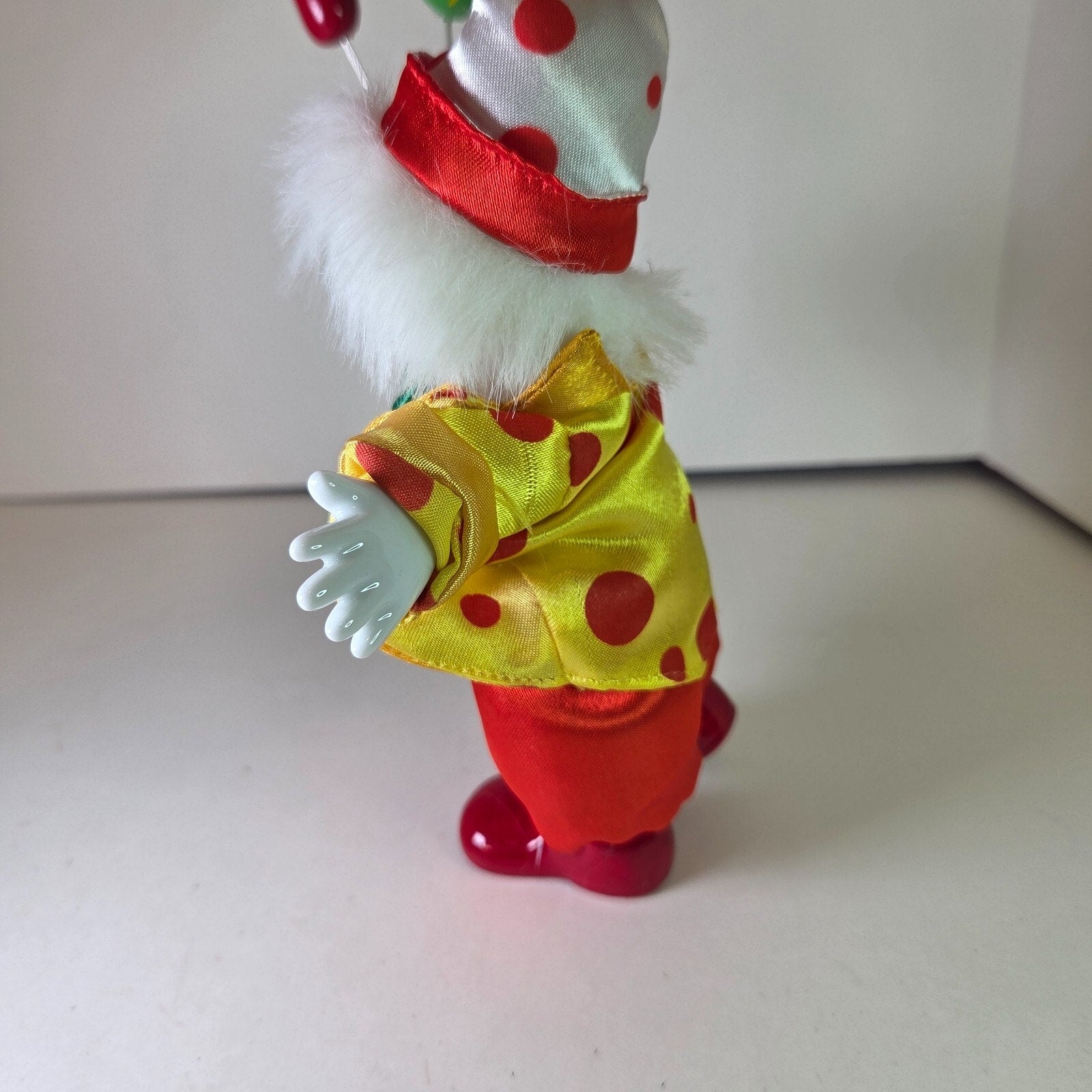 Vintage Porcelain Clown Doll Holding Balloons Fabric Body Red Yellow 7.5"