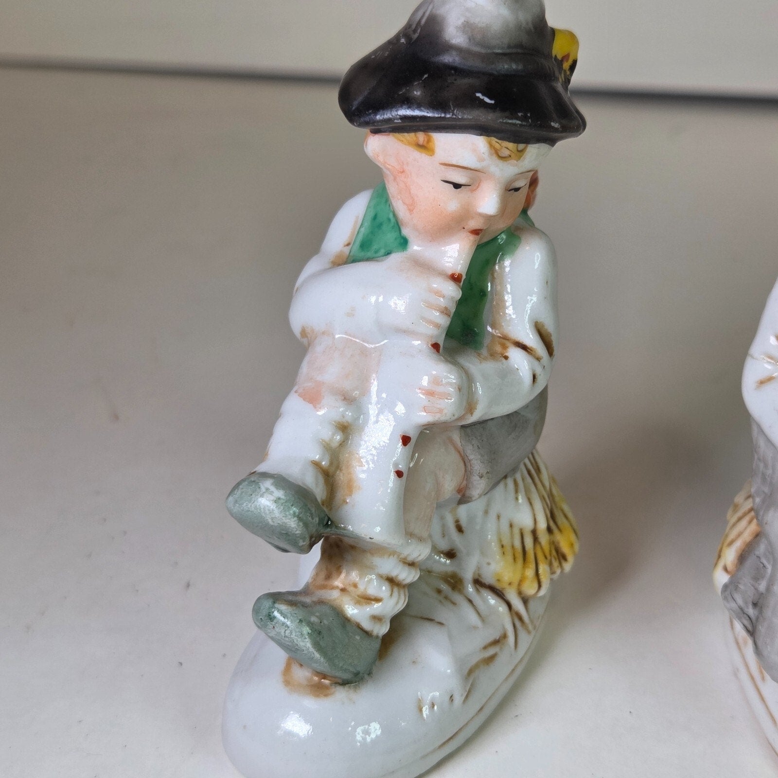 Vintage Japan Boy Playing Flute & Girl Sitting Ceramic Figurines 3.5in Pair