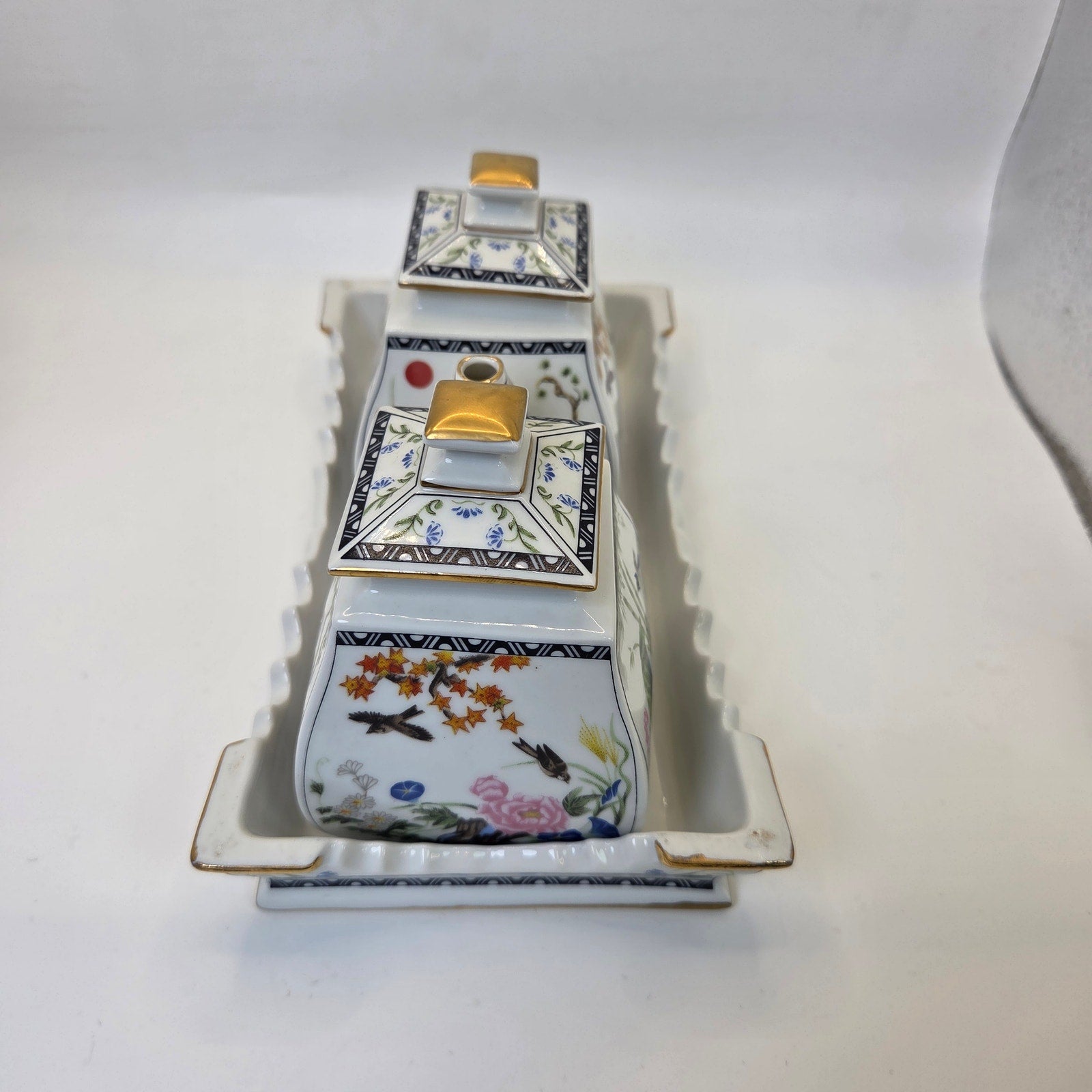 Franklin Mint 1989 Porcelain Sugar & Creamer Set w Tray Flowers Birds Gold