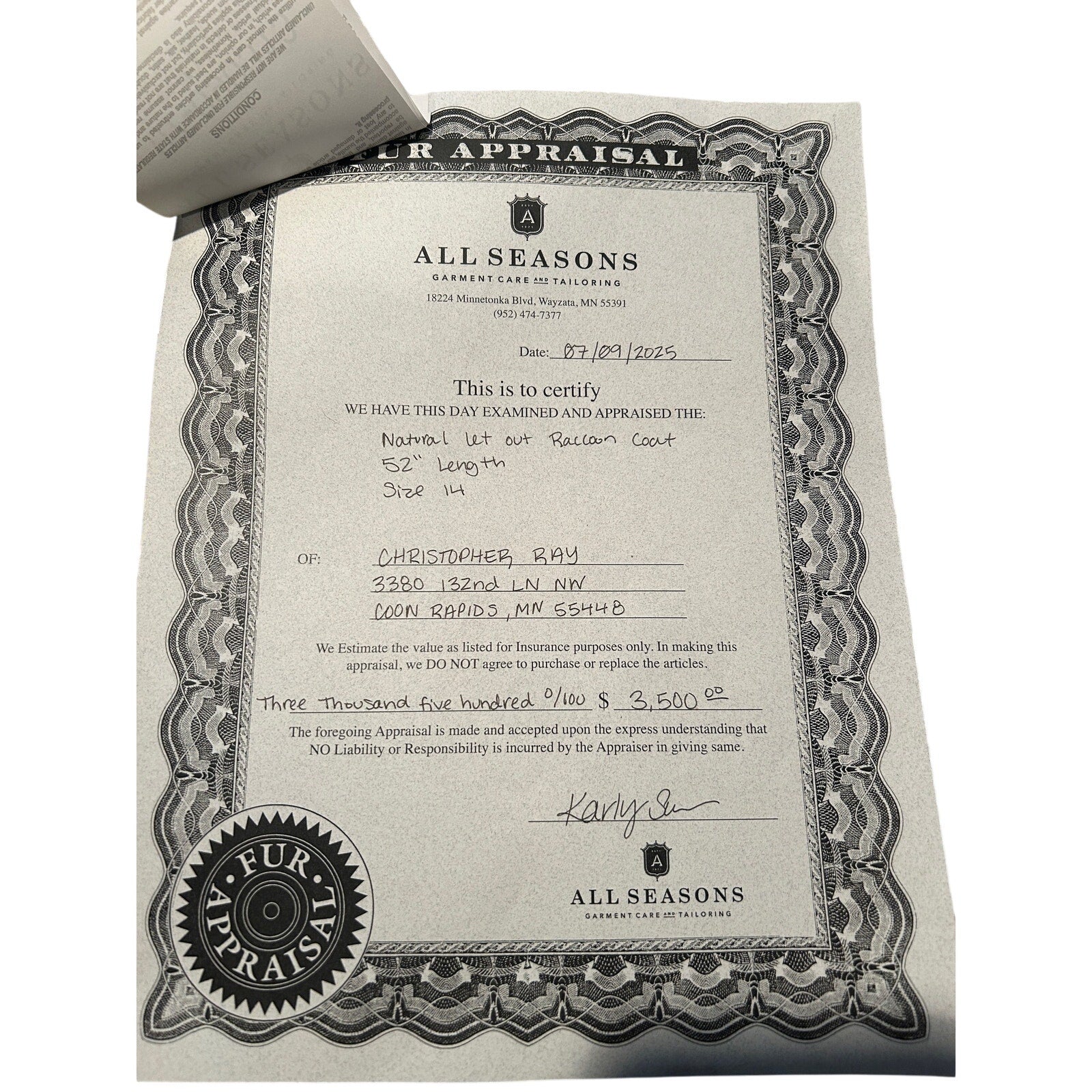 Vintage Alaskan Custom Furs 52" Natural Raccoon Coat w/ Dior Lining & Appraisals