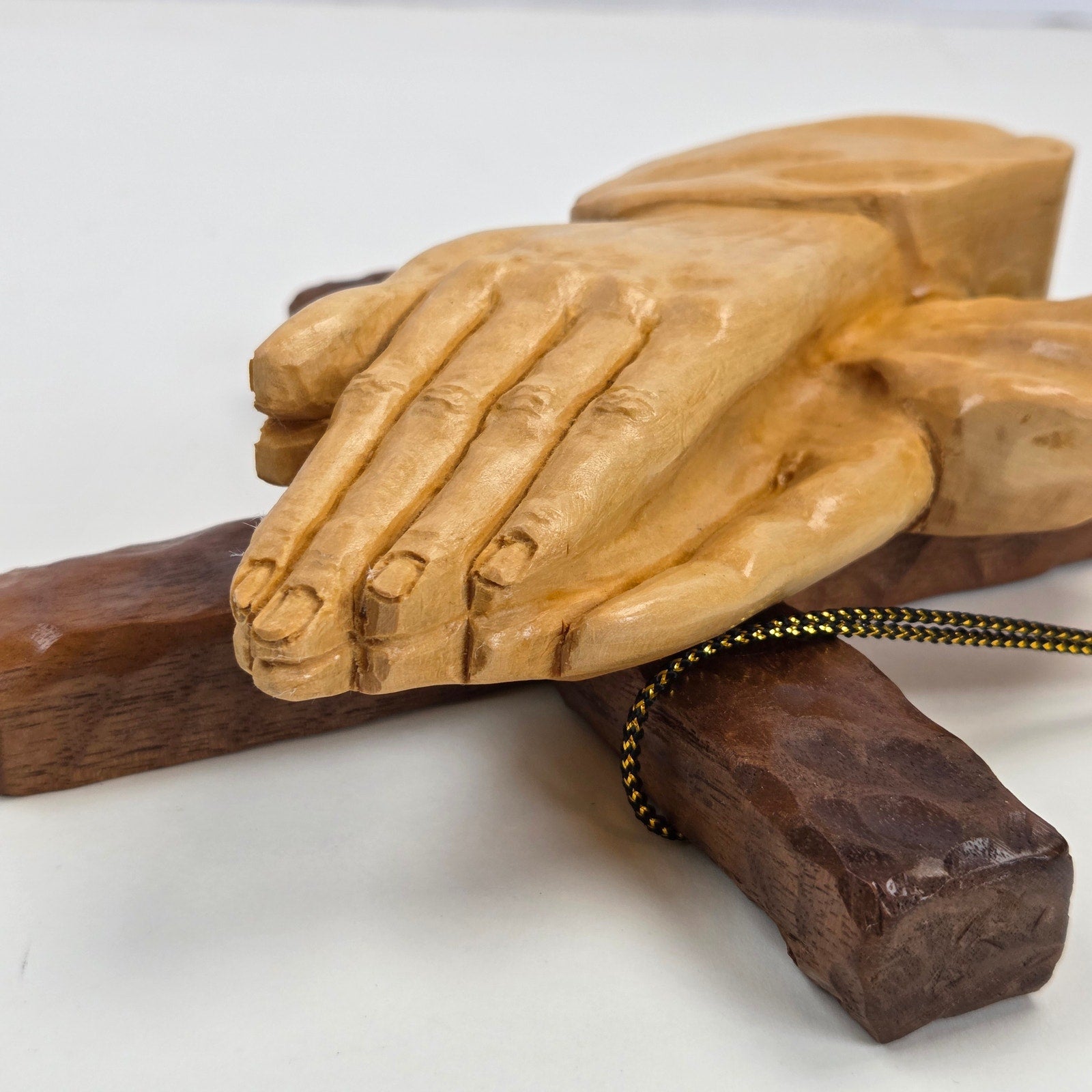 Signed Jim Ward Hand Carved Wooden Praying Hands Cross Wall Hanging Folk Art