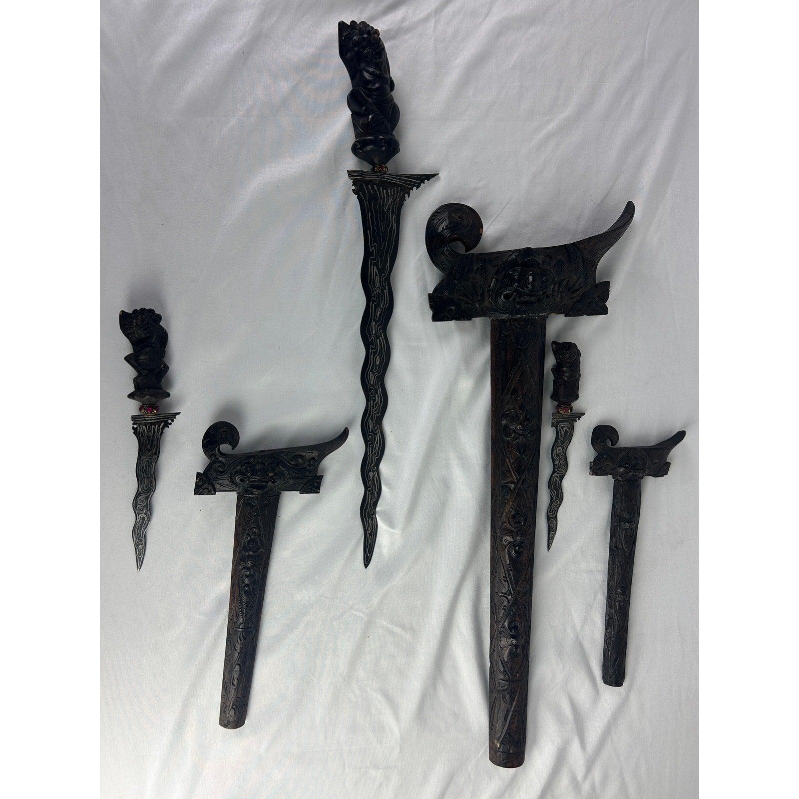 Lot 3 Indonesian Style Kris Keris Daggers Wood Sheaths Display Set