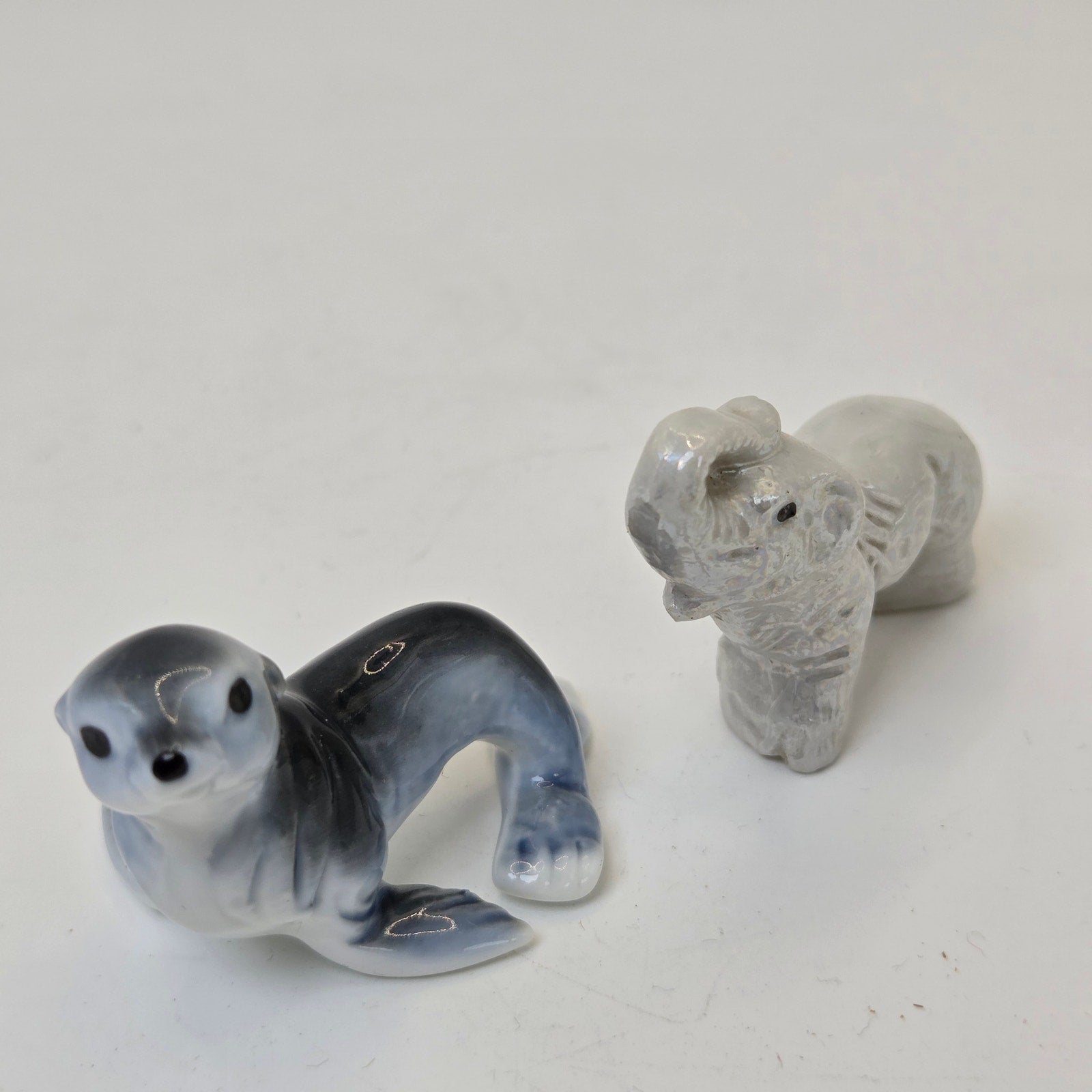Miniature Ceramic Seal & Elephant Figurines Pair Unmarked Glazed Decor