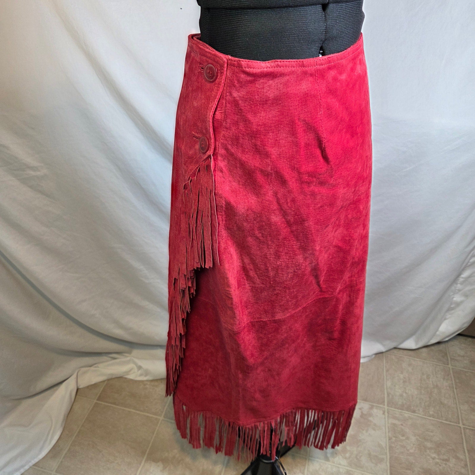 Newport News Red Leather Fringe Wrap Skirt Western Boho Women Size 14