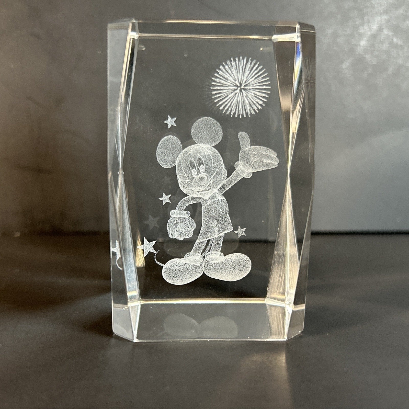 Mickey Mouse with Fireworks 3d Etched Disney Crystal Glass 3"x2" Paper Weight