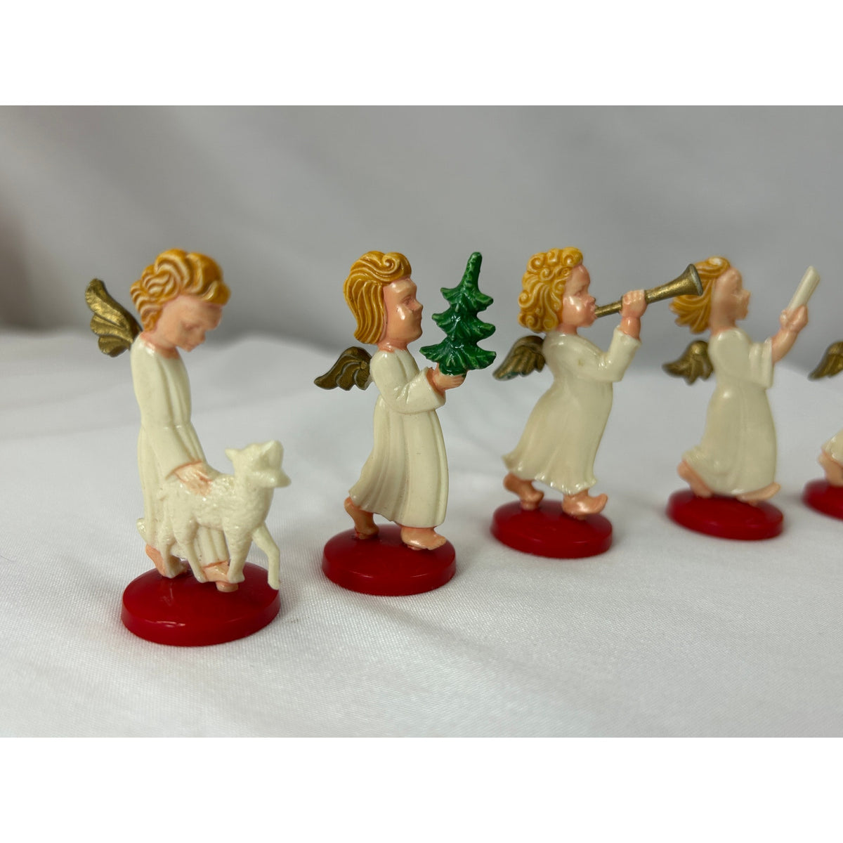 Vintage West Germany Angel Figurines Set 5 Plastic Christmas Red Base MCM