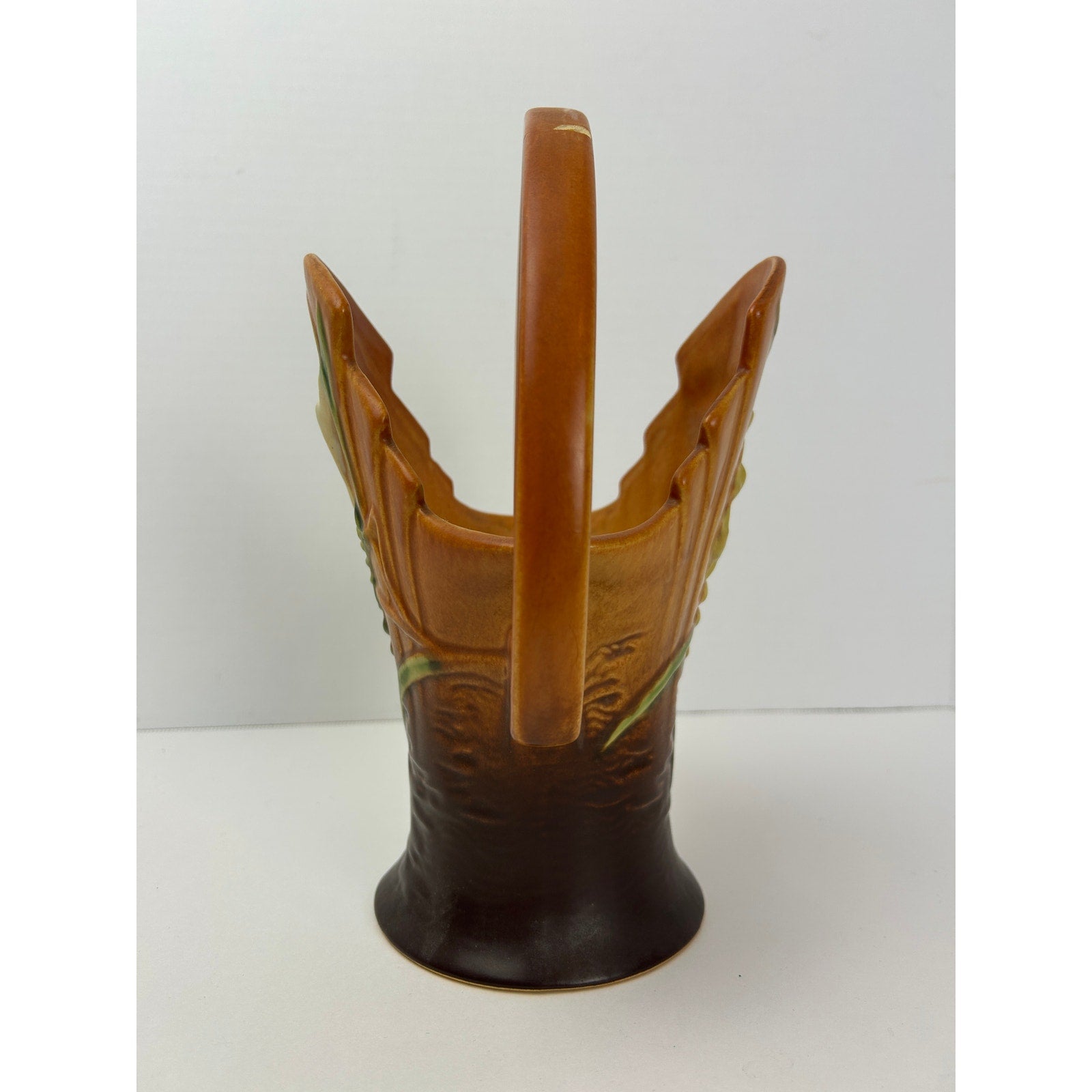 Vintage Roseville Pottery Freesia Shape 392-10 Basket Vase Brown Handle Repair