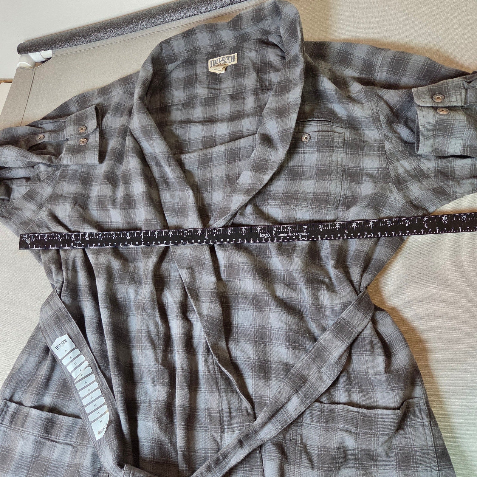Duluth Trading Co Plaid Flannel Robe XL 100% Cotton Gray Belted