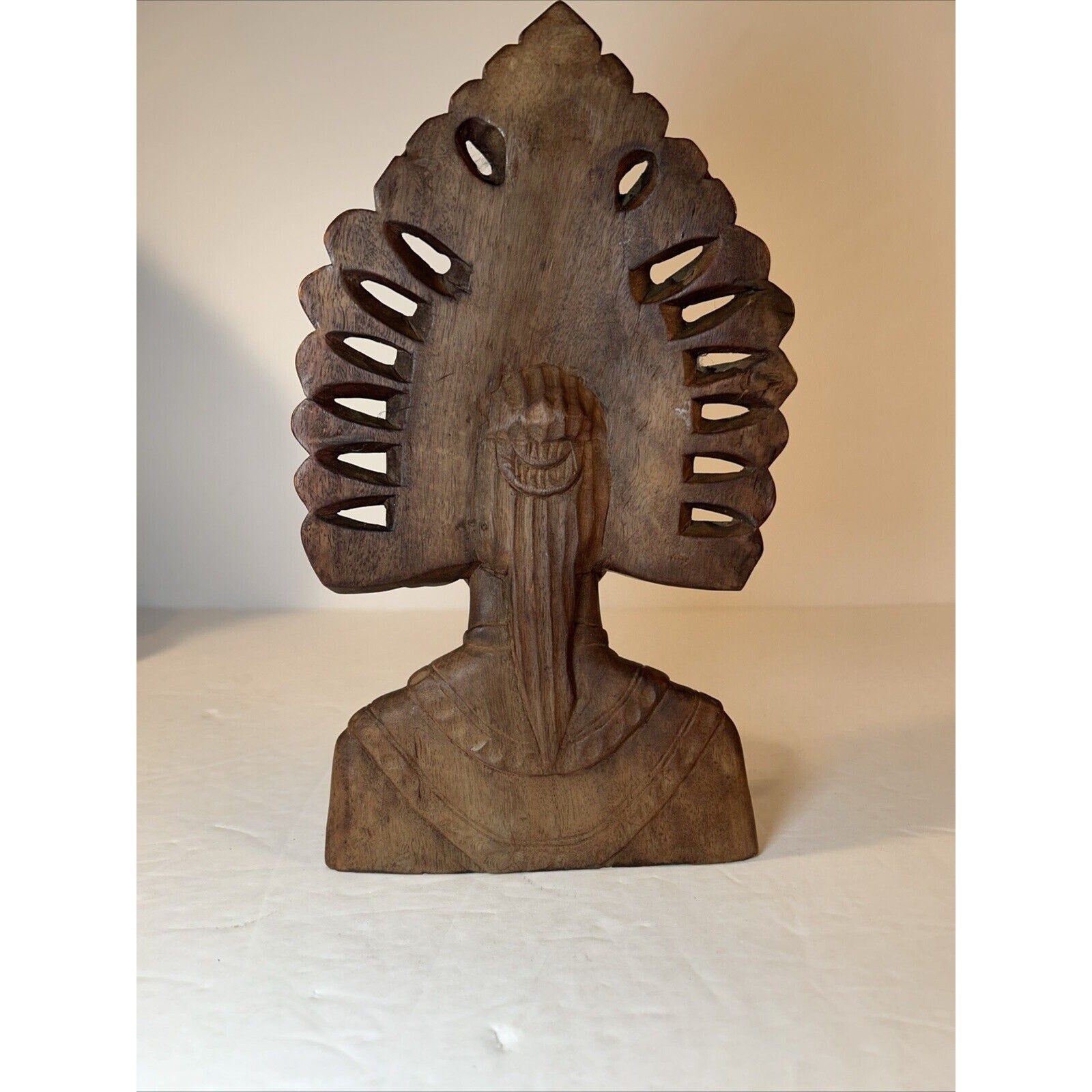 Balinese Hand-Carved Wood Bust Pair | Male & Female Headdress Statues 9-in