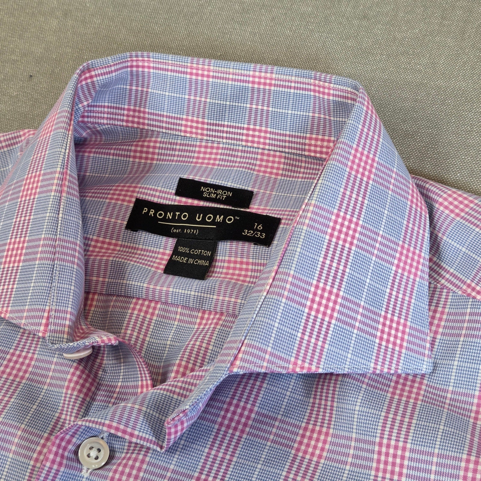 Pronto Uomo Slim Fit Non-Iron Pink Blue Plaid Dress Shirt 16 32/33
