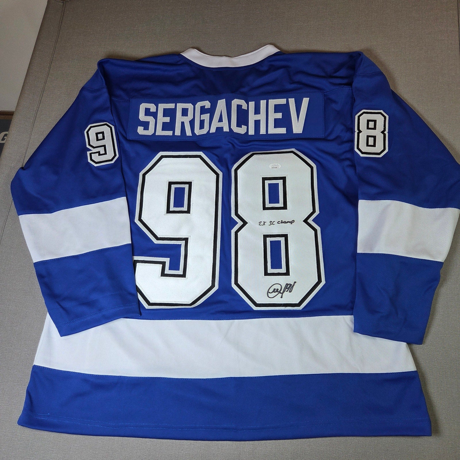Mikhail Sergachev Autographed Lightning Custom Jersey XL JSA 2X SC Champ