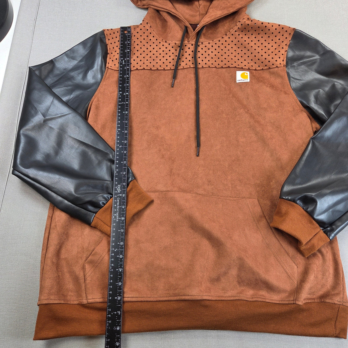 Custom Faux Suede Hoodie 2XL Brown Black Contrast Sleeves Pullover