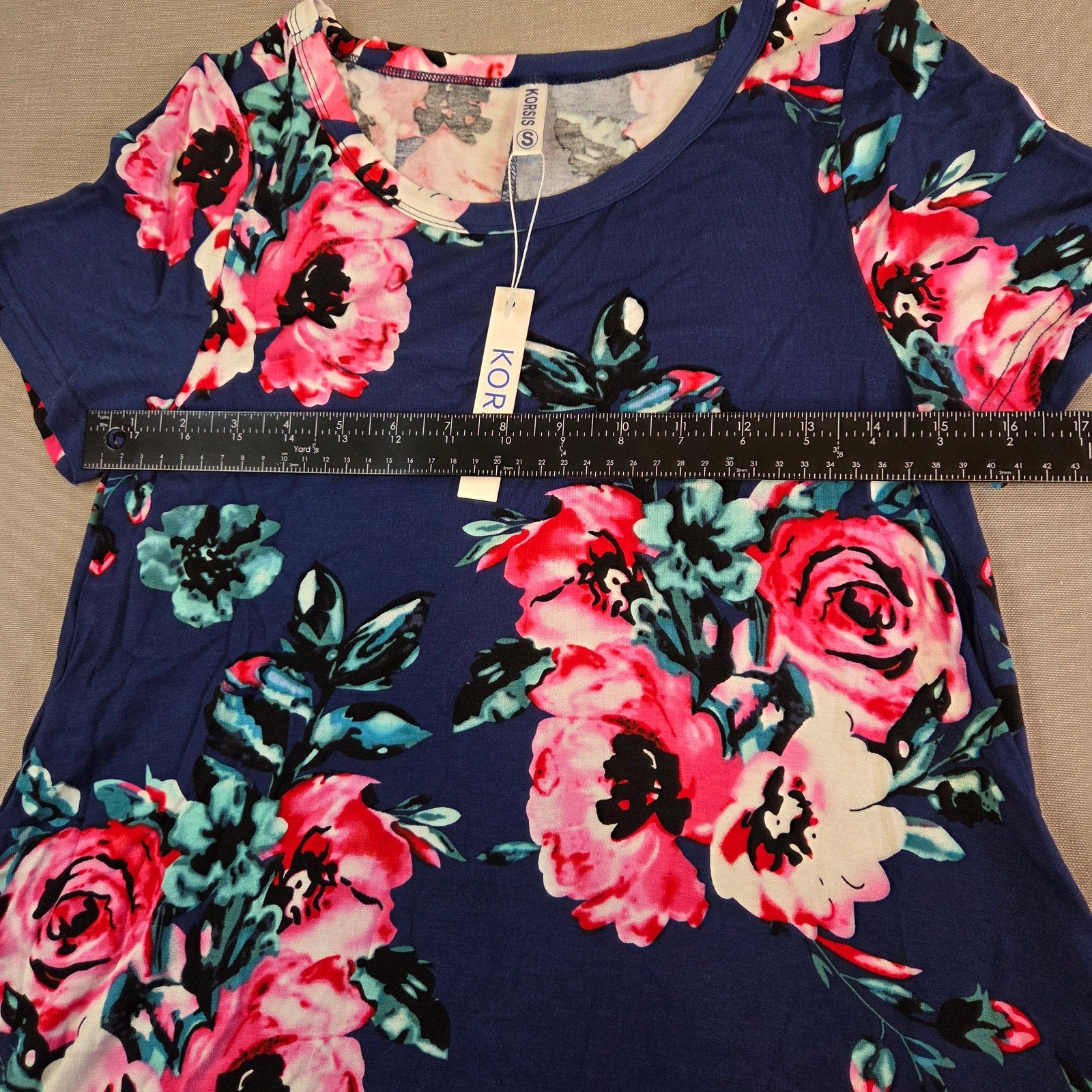 Korsis Blue Floral Dress Pink Rose Print Pockets Women’s Size S