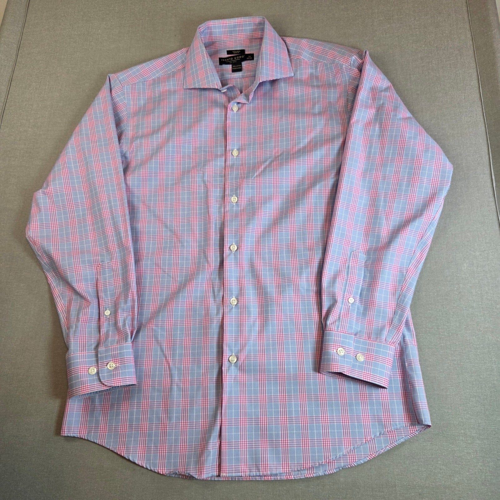 Pronto Uomo Slim Fit Non-Iron Pink Blue Plaid Dress Shirt 16 32/33