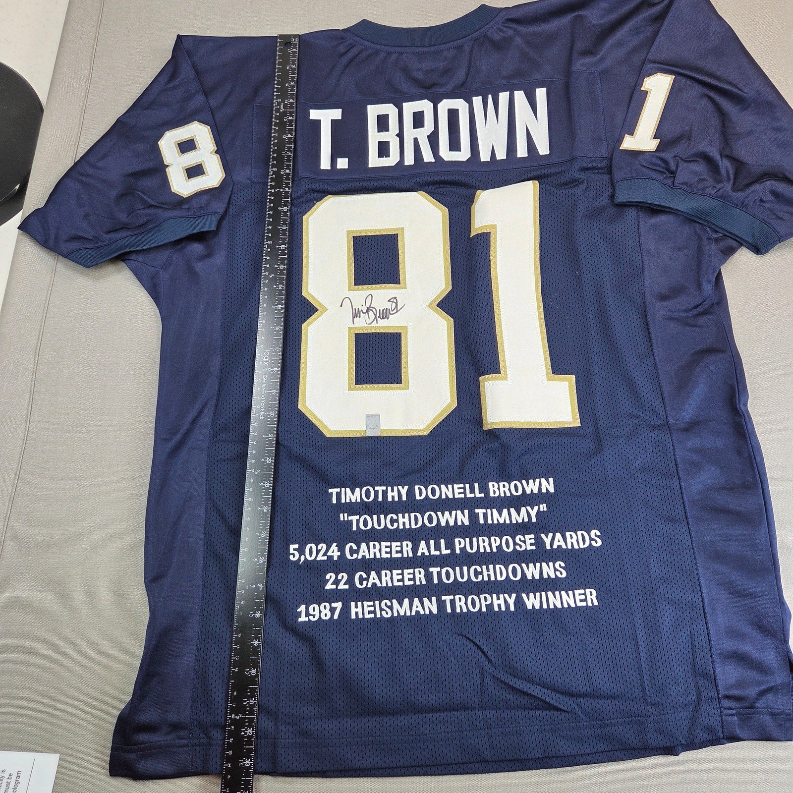 Tim Brown Signed Notre Dame Career Stats Custom Jersey XL GTSM COA Heisman