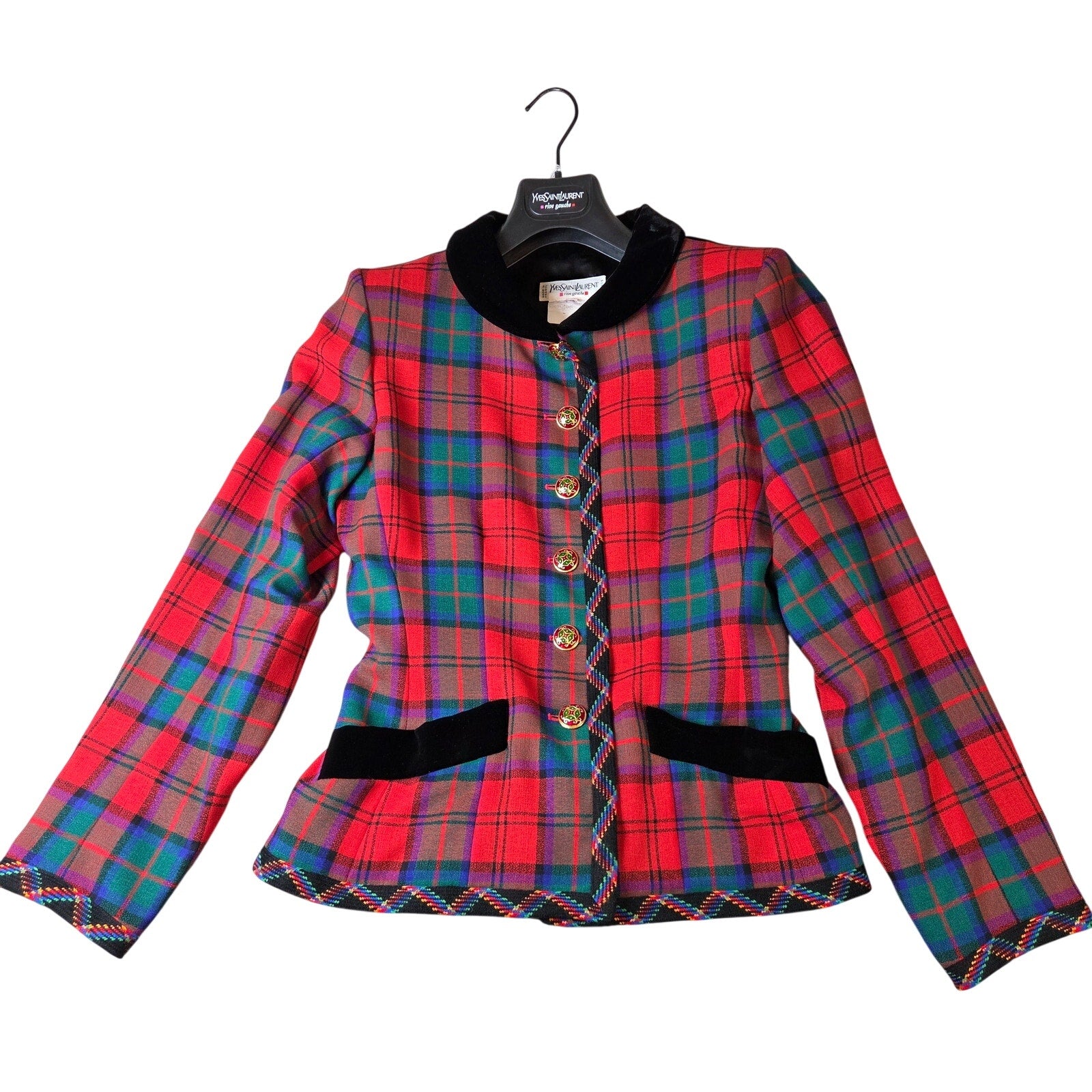 Vintage Yves Saint Laurent Rive Gauche 1994 Tartan Wool Jacket Velvet Trim FR38