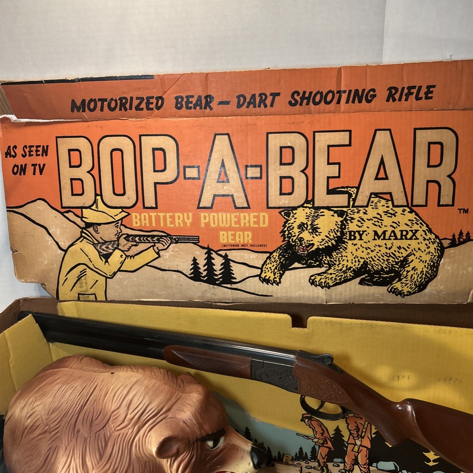 Vintage 1960s Marx Bop-A-Bear Toy G300 With Gun & Box – Incomplete, Untested