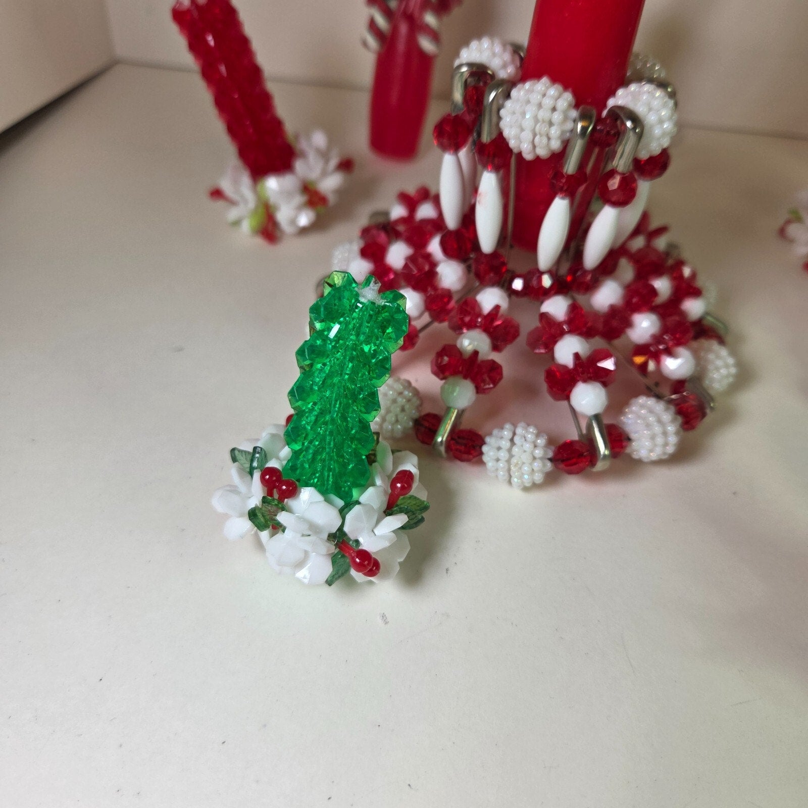 Vintage Beaded Christmas Candle Holders & Ornaments Lot of 13 + Candles