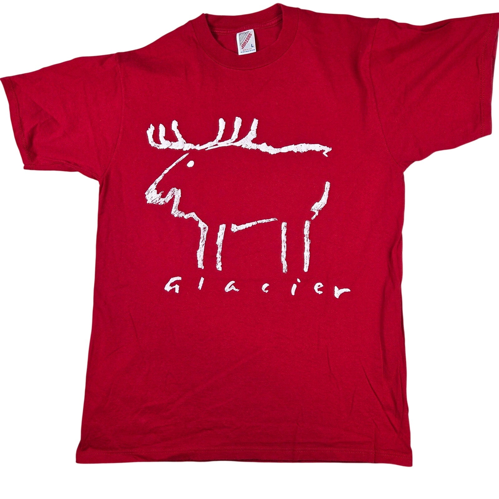 Vintage Jerzees Glacier Moose Graphic T Shirt USA Made Red Mens L 90s