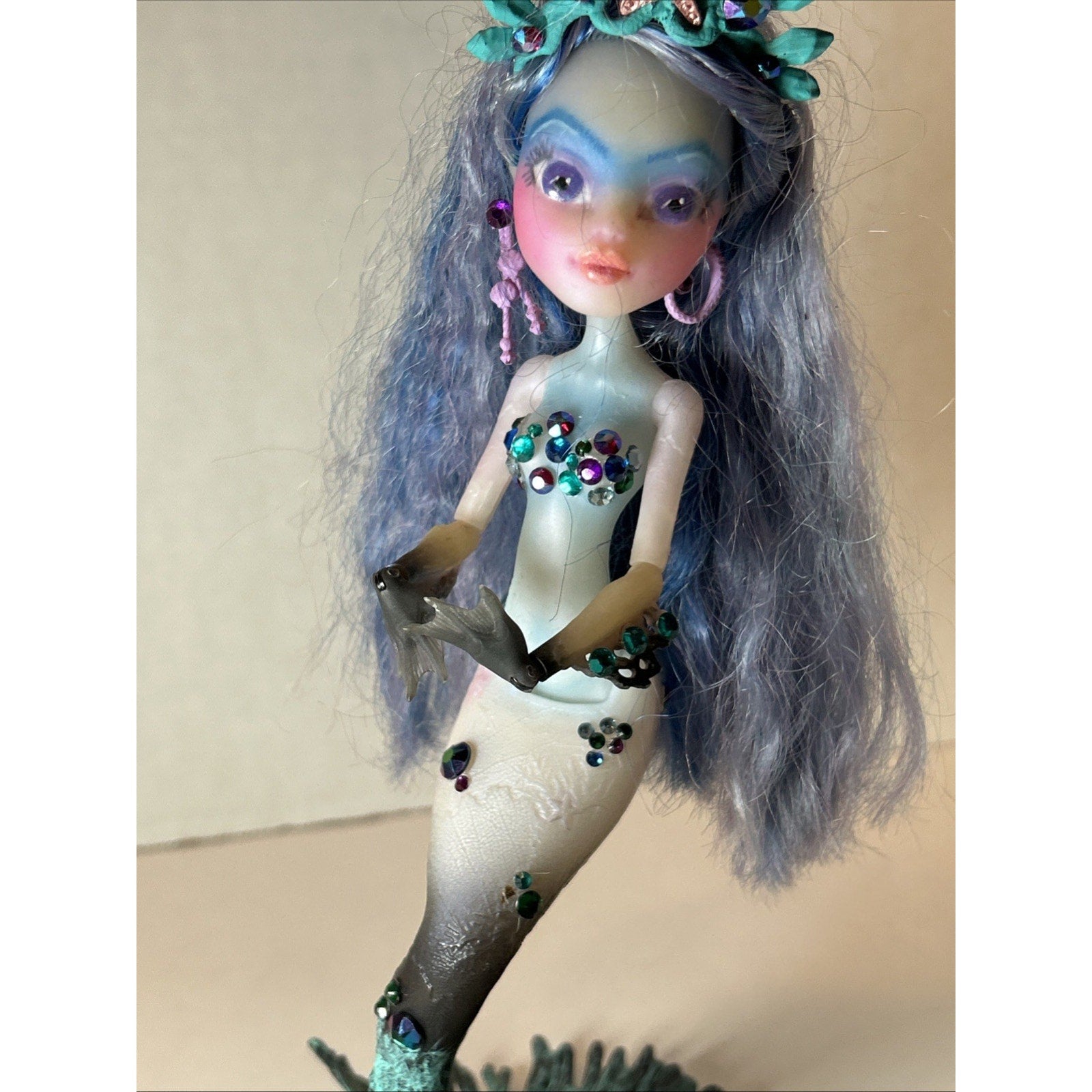 OOAK Repaint Monster High Mermaid Doll BJD Queen of the Seas Long Blue Hair 11”