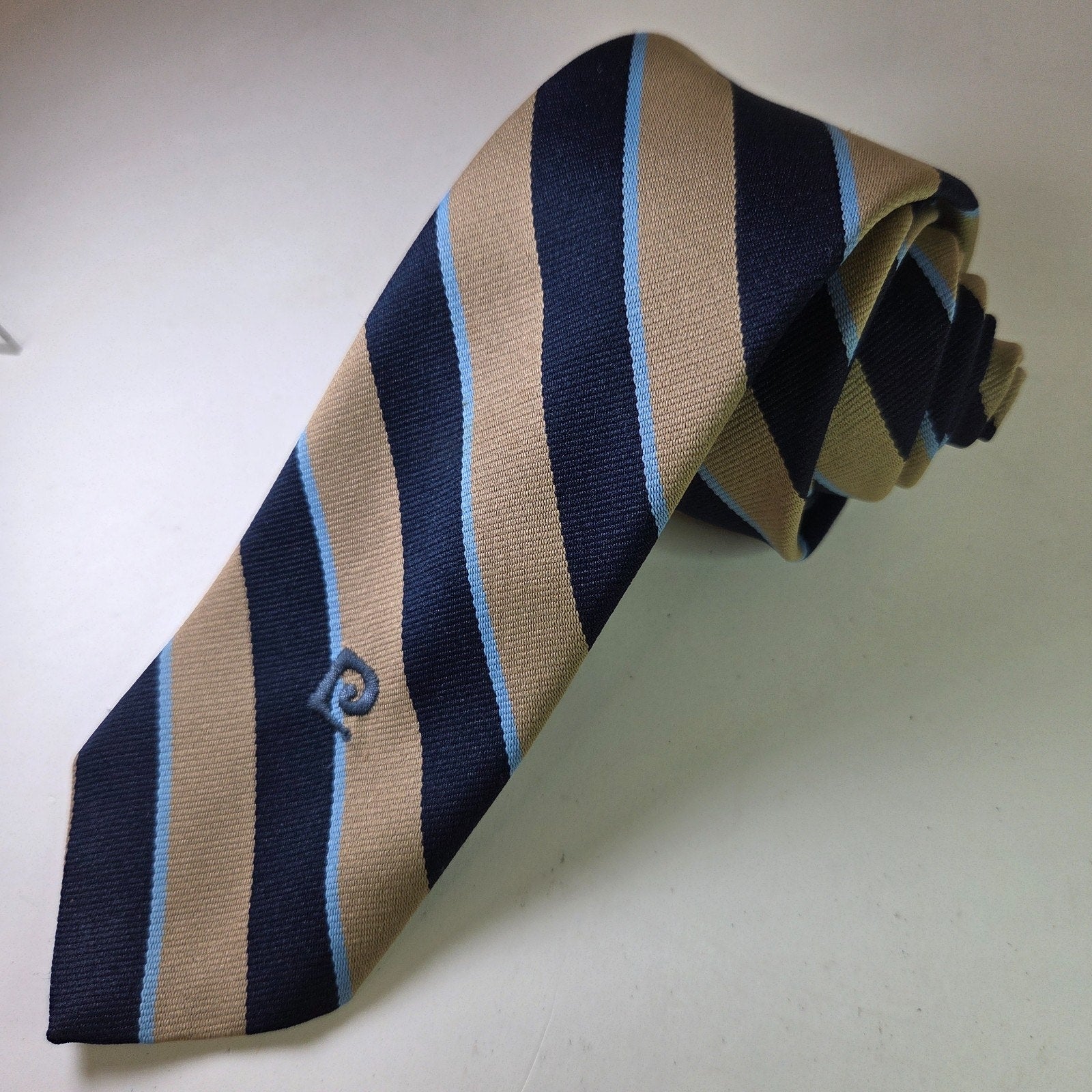 Pierre Cardin Repp Navy Tan Blue Stripe Polyester Tie 3” x 52”