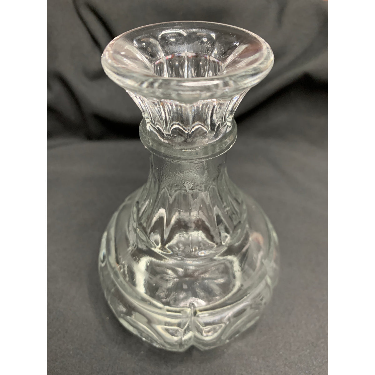 Clear Pressed Glass Bud Vase Flared Rim Paneled Bulbous Base Starburst Bottom