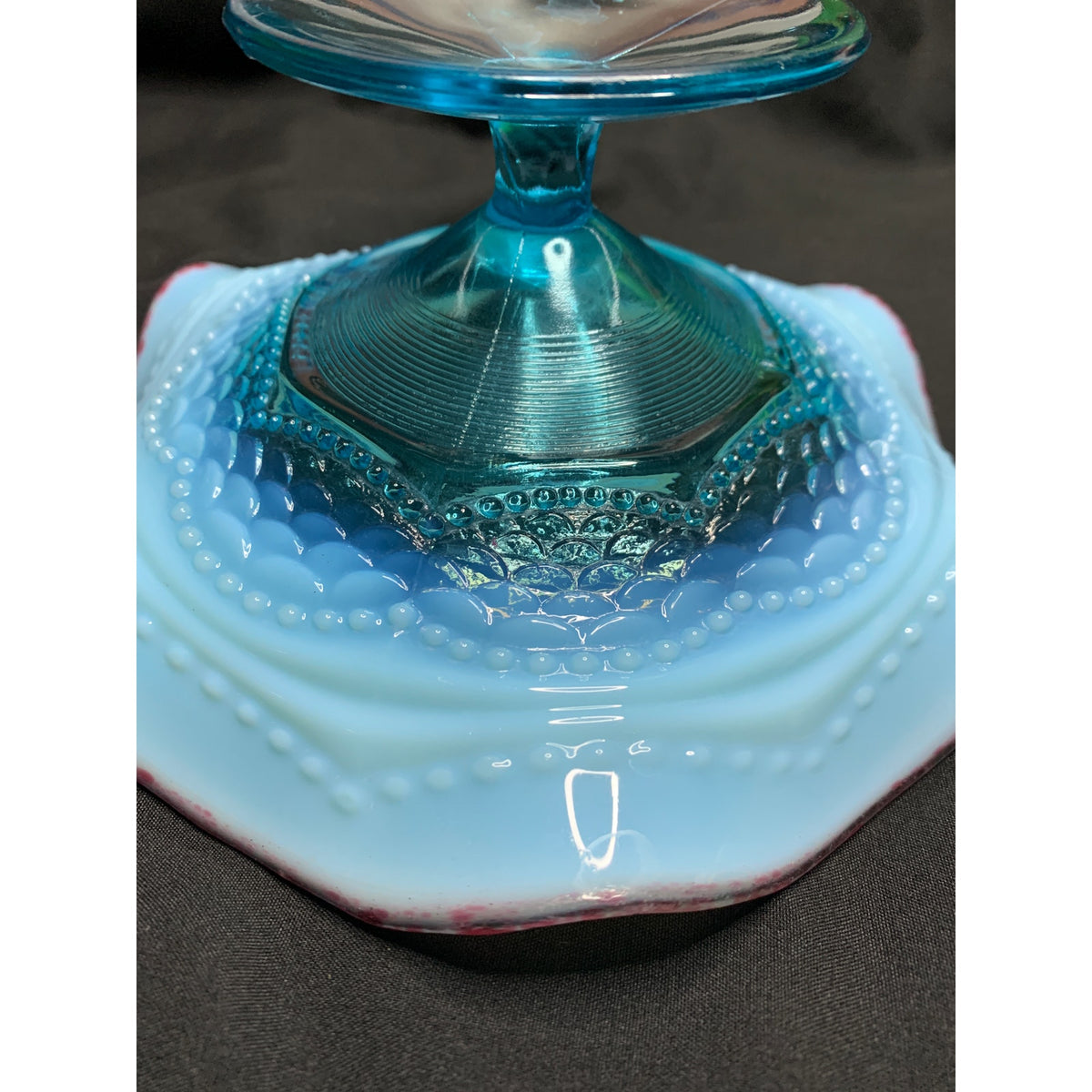 Antique Jefferson Glass Pearls & Scales Blue Opalescent Compote Cranberry Frit