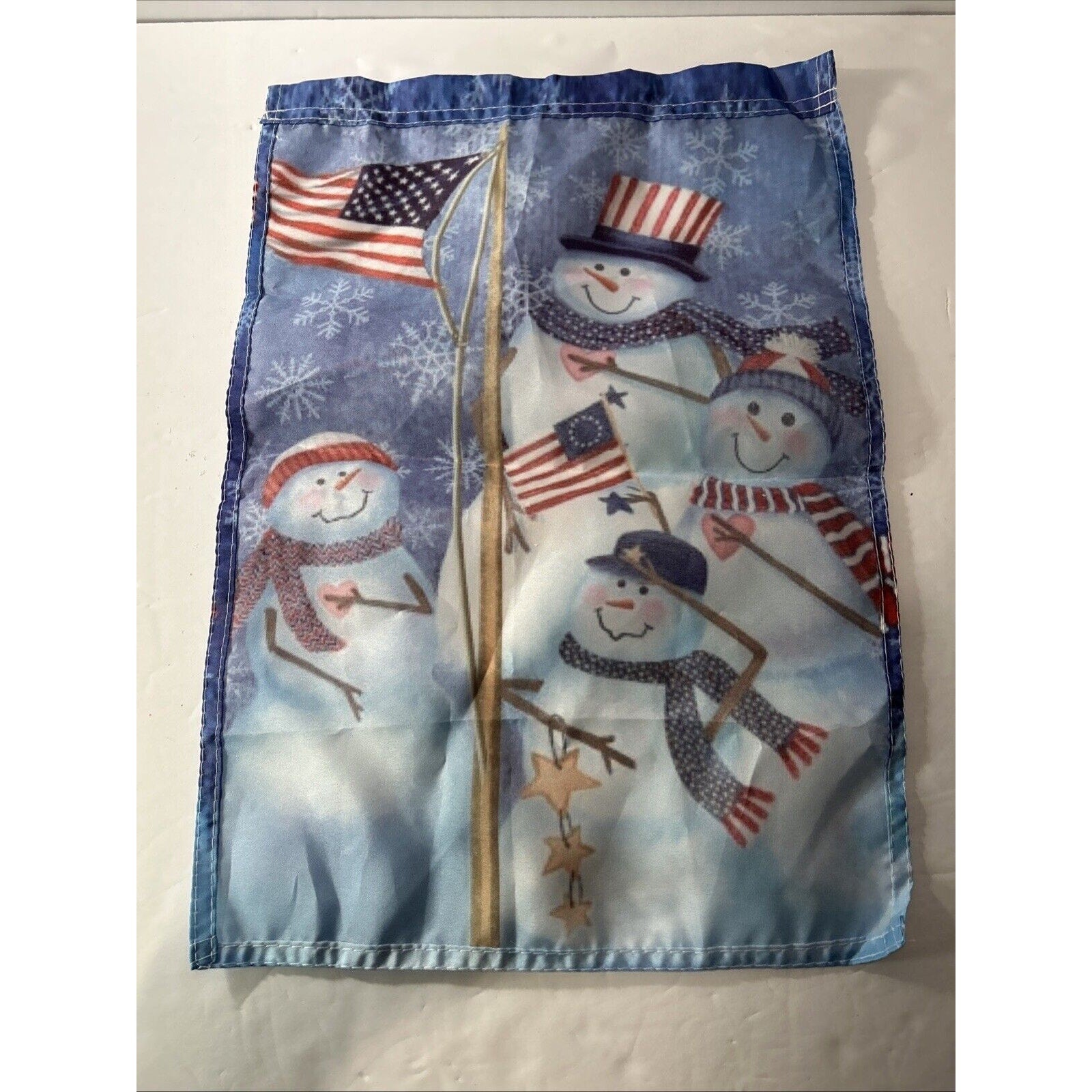 Lot of 2 Snowman Garden Flags Welcome & Patriotic Winter 17x12