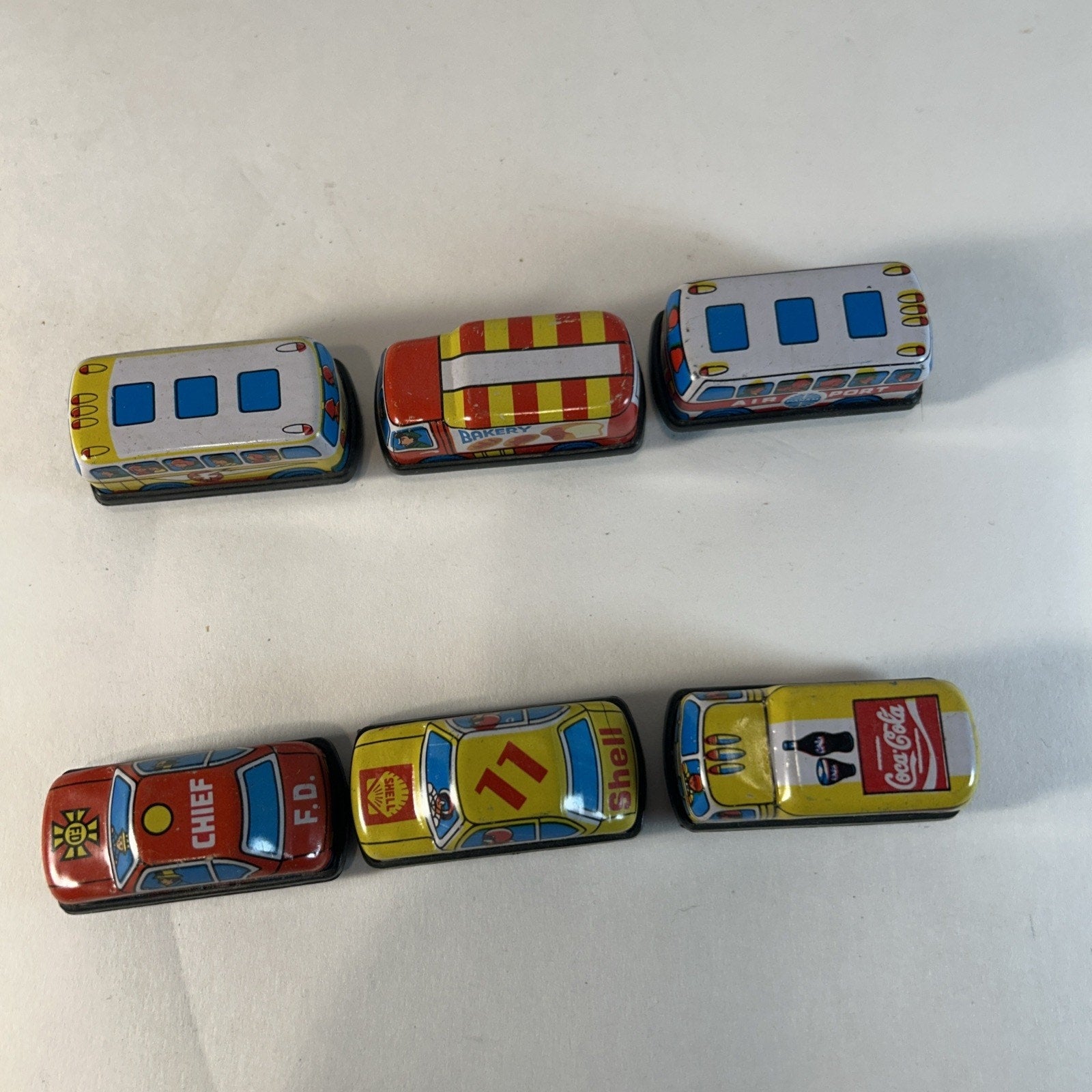 Vintage Tin Litho Friction Super Mini Toy Car Set w/ Display Taiwan 12pc