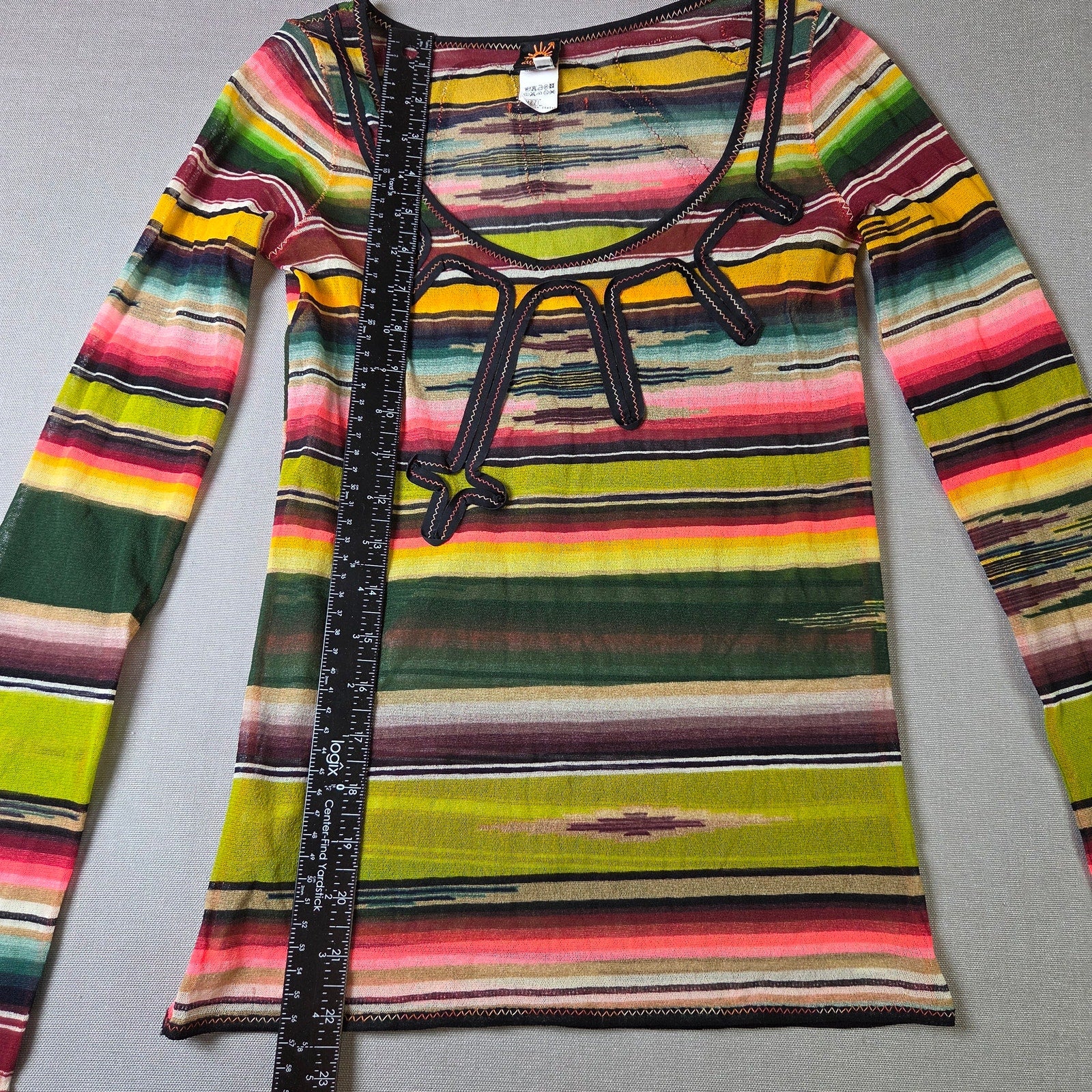 Jean Paul Gaultier Soleil Fuzzi Mesh Top Vintage Y2K Stripe Italy M Long Sleeve