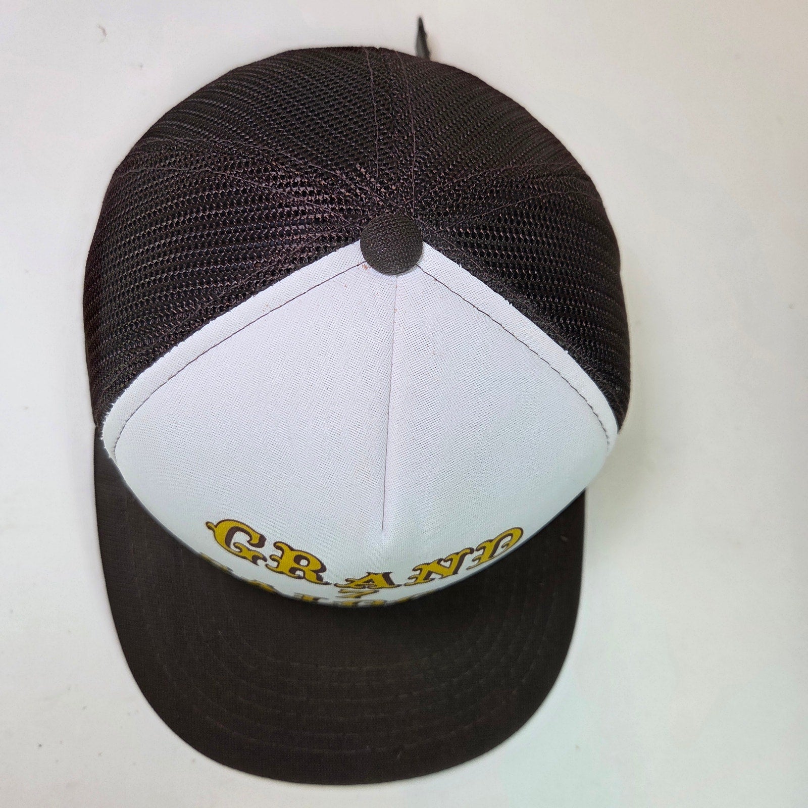 Vintage Grand 7 Saloon Foam Trucker Hat Snapback Mesh Cap Brown White Yellow
