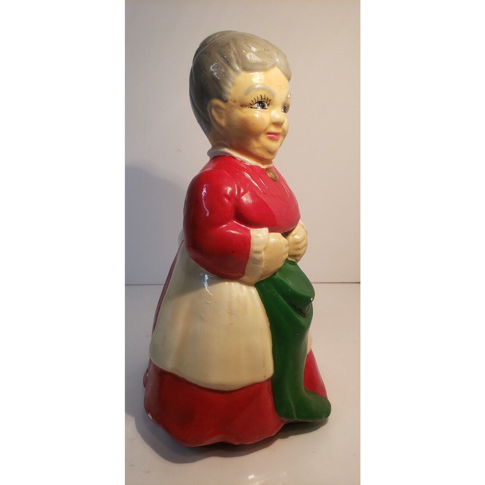 Vintage Ceramic Mrs. Claus Figurine Hand Painted Holding Stocking 10" Holiday