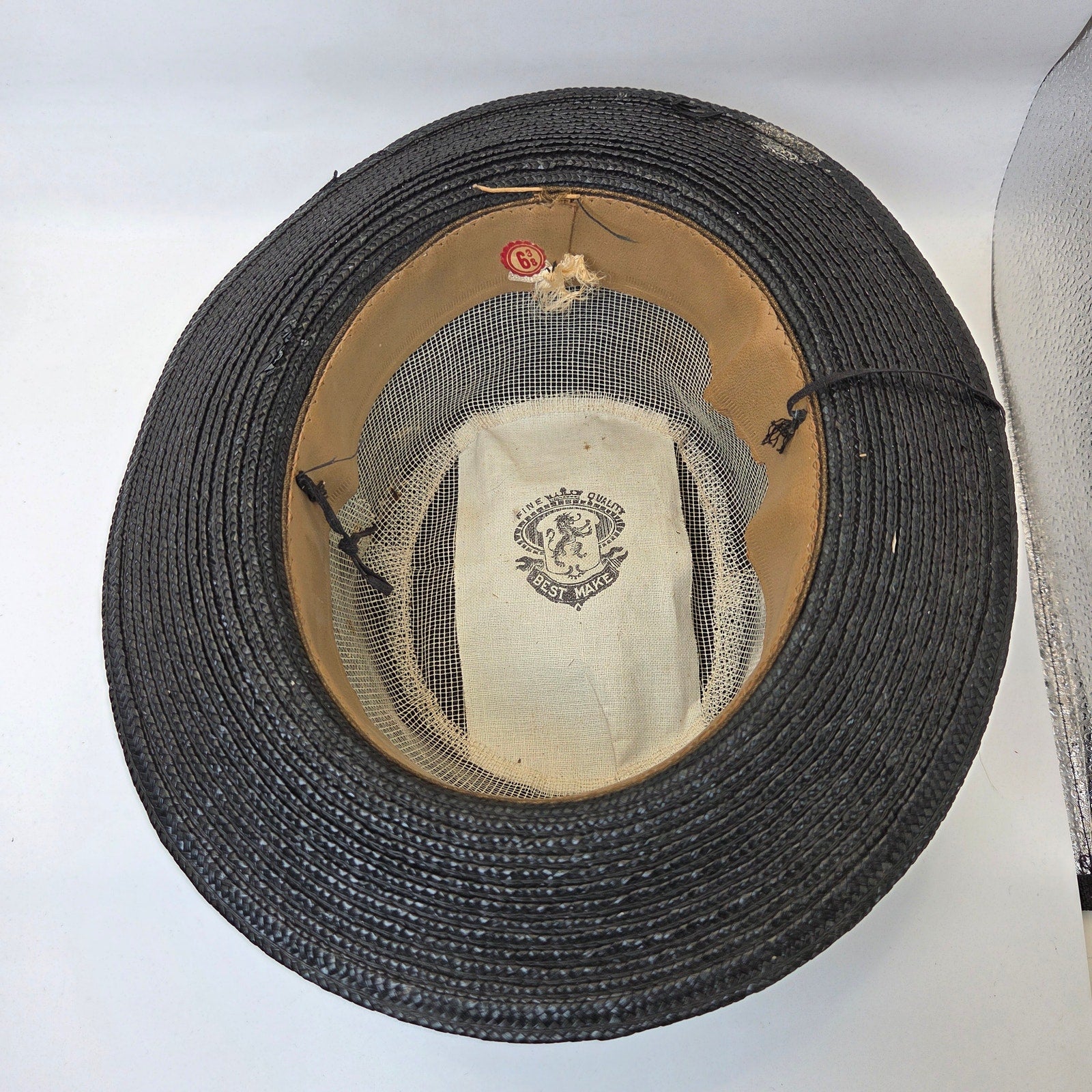 Vintage Straw Boater Hat Black Flat Top Size 6 3/8 Antique Ribbon Band