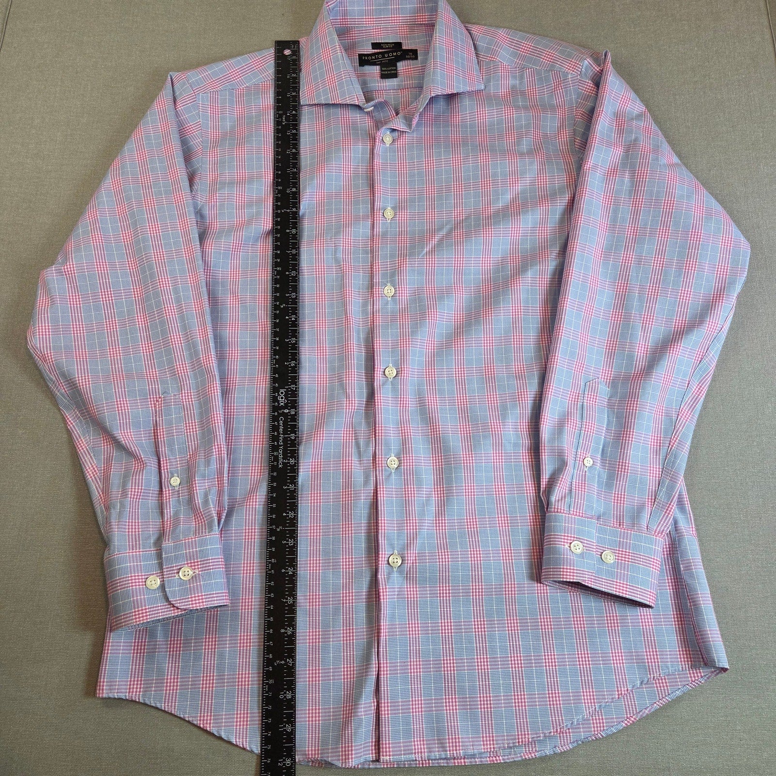 Pronto Uomo Slim Fit Non-Iron Pink Blue Plaid Dress Shirt 16 32/33