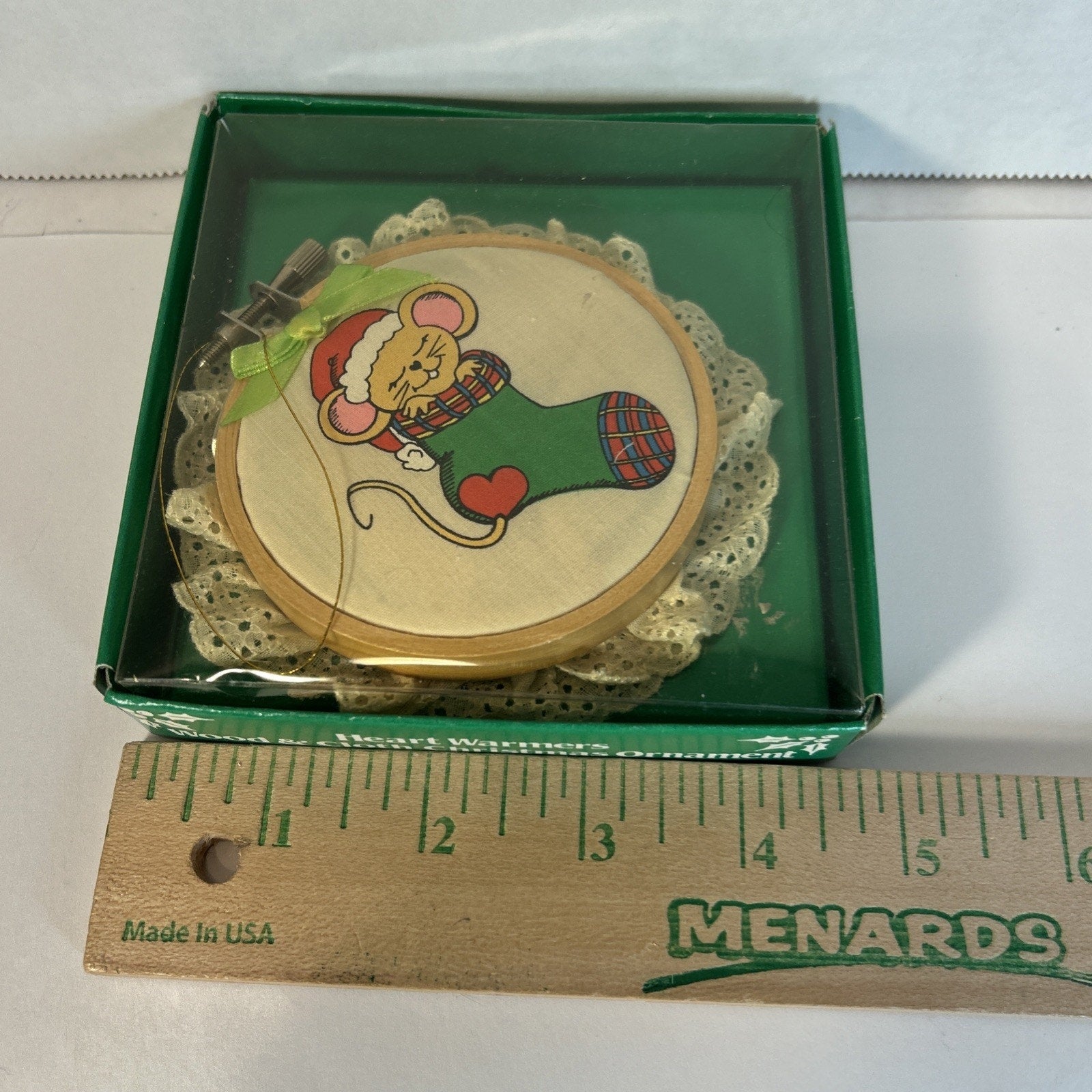 Vintage 1985 Giftco Heart Warmers Wood & Cloth Christmas Ornament Mouse Stocking