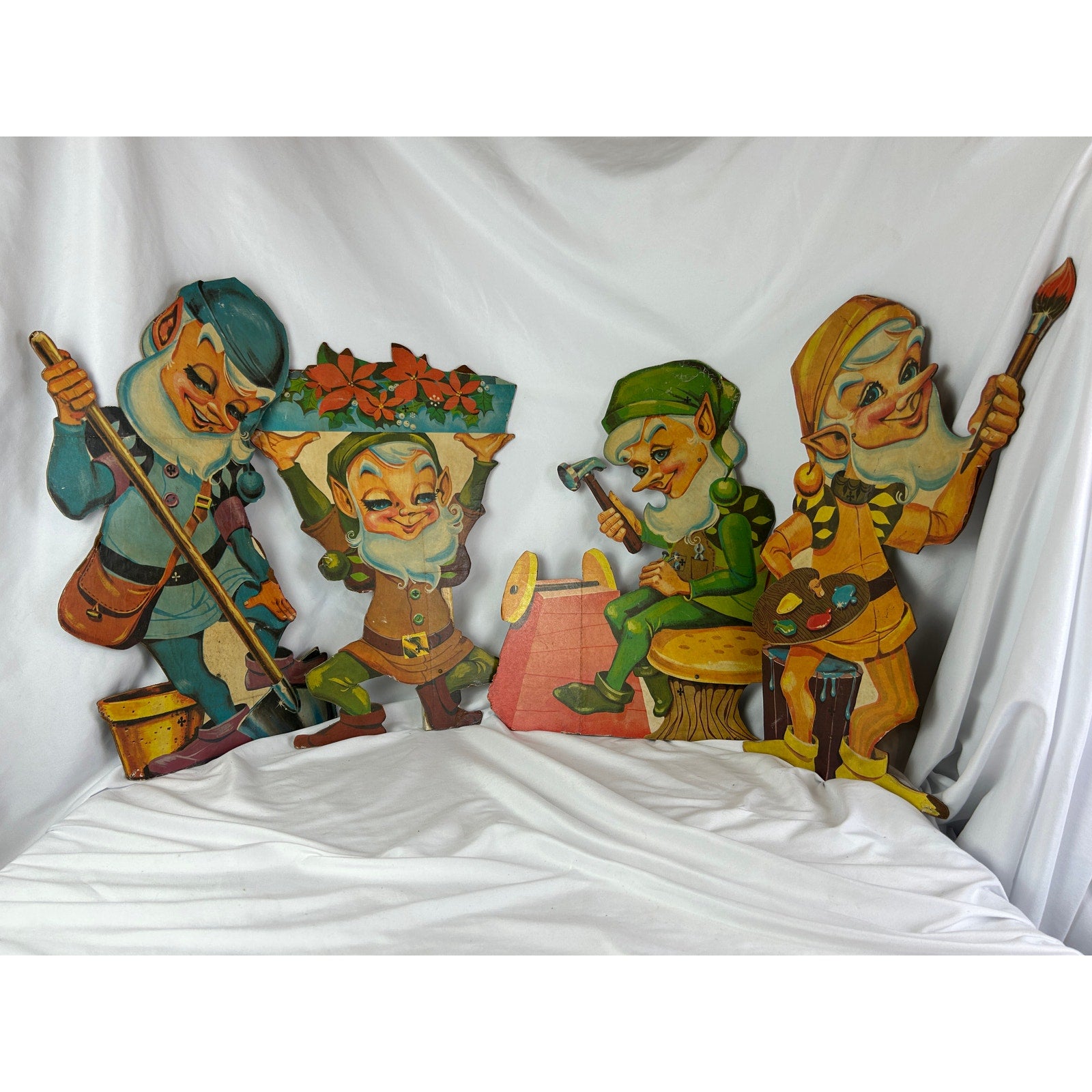 Mid Century Christmas Elf Yard Art Set 4 U Bild Wood Decorations