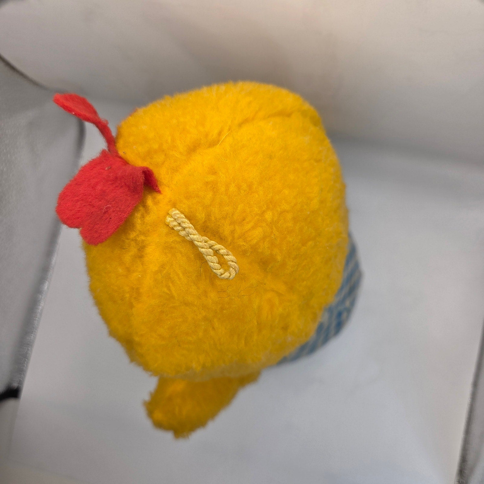 Vintage 1980s Plush Chick Yellow Stuffed Animal in Blue Gingham Romper Haiti