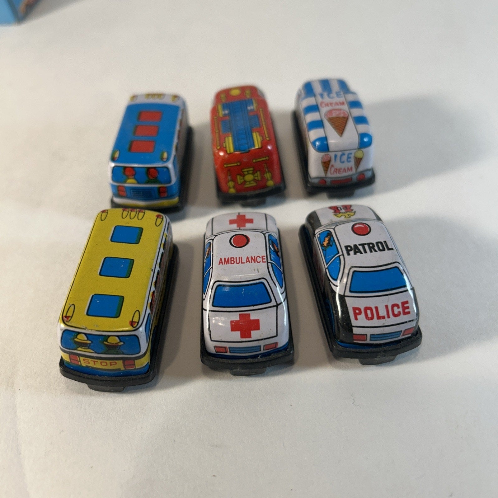 Vintage Tin Litho Friction Super Mini Toy Car Set w/ Display Taiwan 12pc