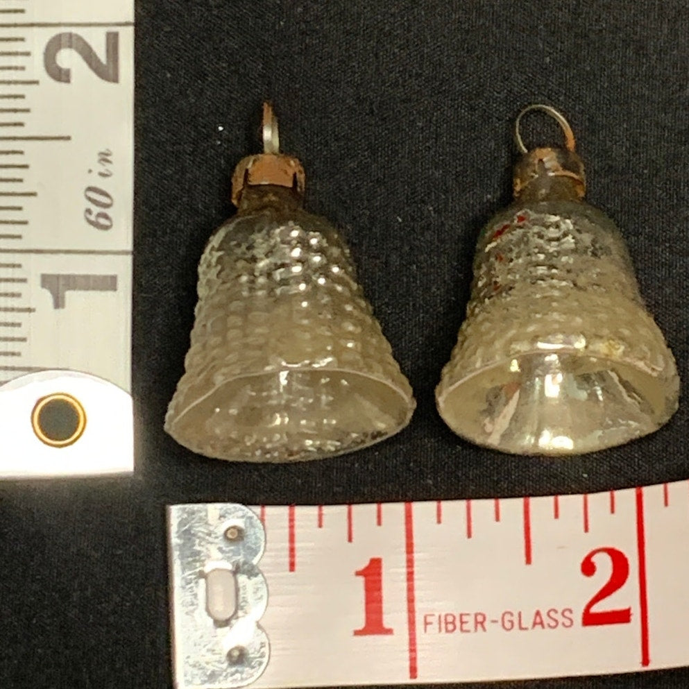 Vintage Pair Bumpy Silver Glass Bell Christmas Ornaments Feather Tree 1.5"
