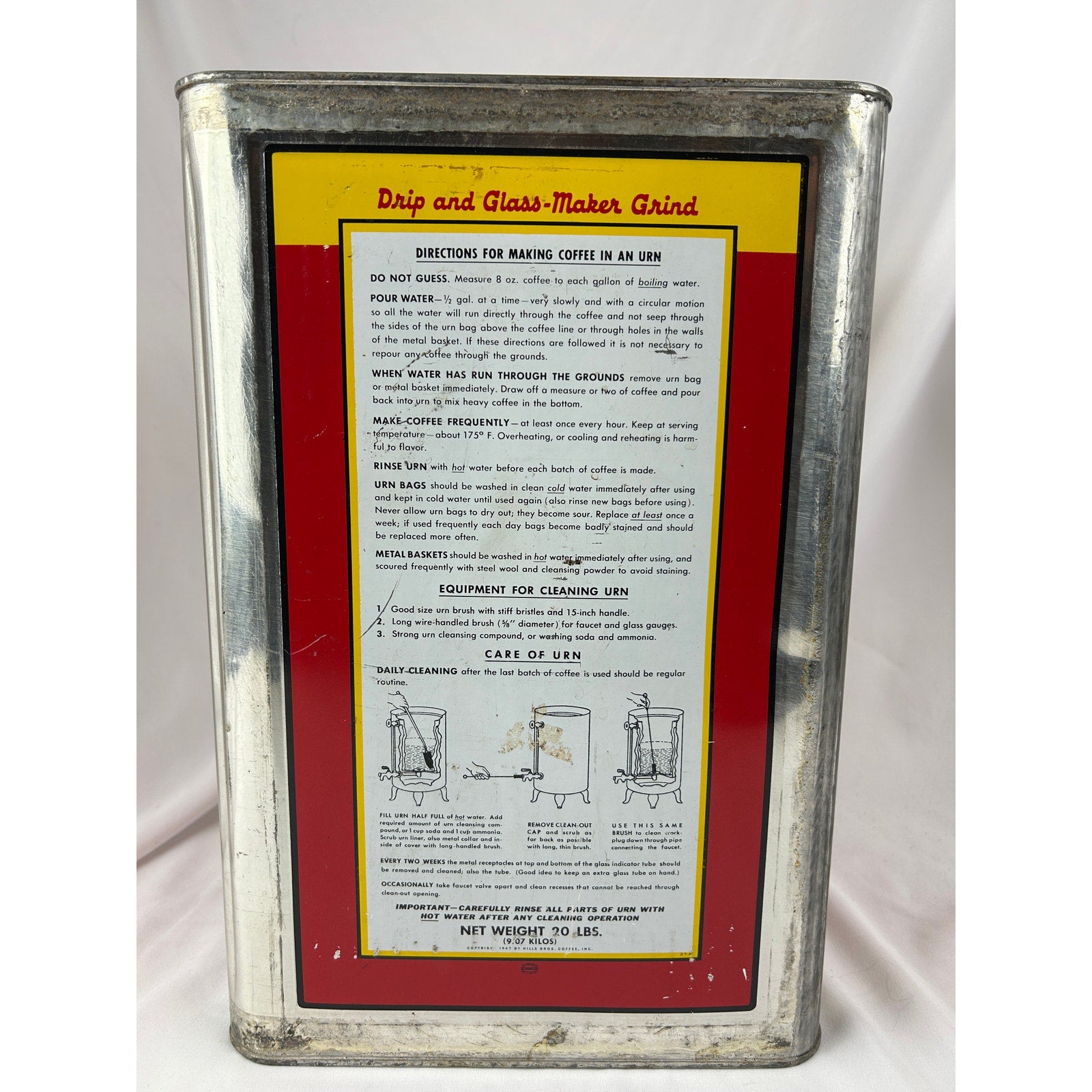 Vintage Hills Bros Coffee Red & Yellow Metal Container Tin, 20 lb