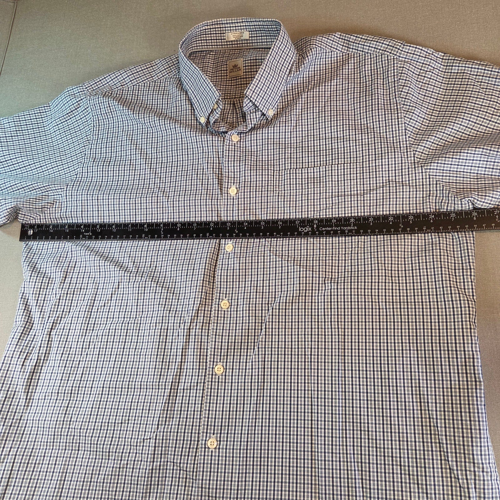 Peter Millar XL Button Up Shirt Cotton Blue White Check Short Sleeve