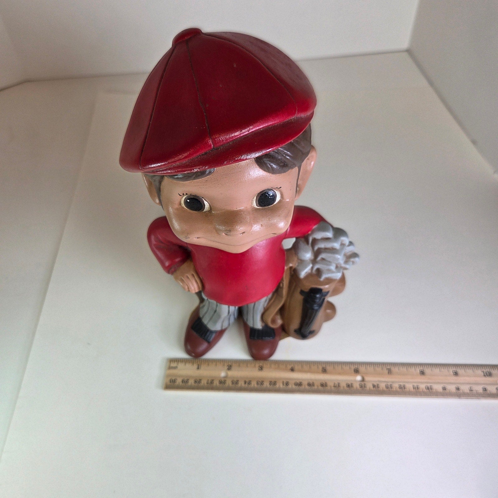 Vintage Monico Ceramics Golfer Boy Figurine Red Cap Golf Bag 1970s 9.75” Tall
