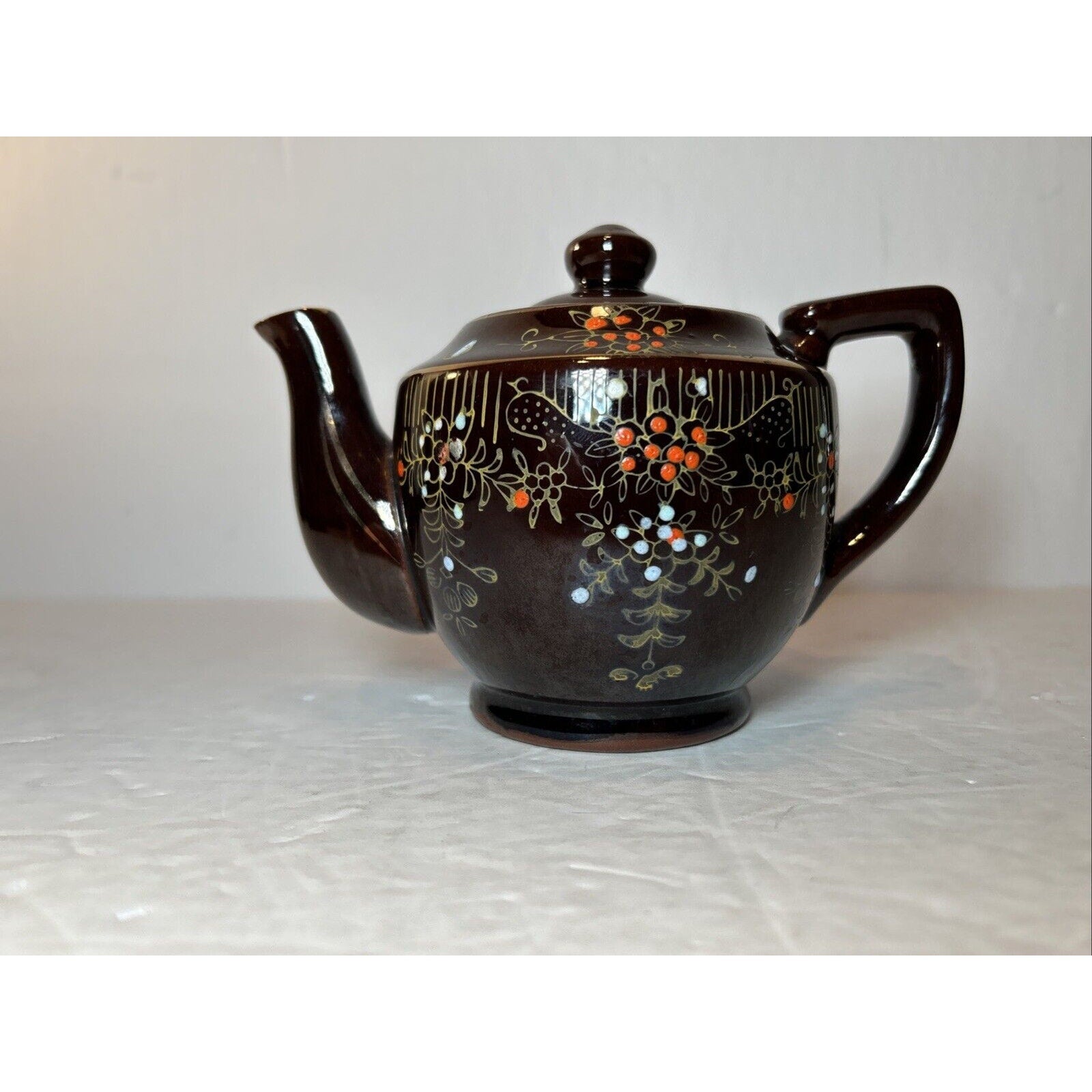 Vintage Japan Brown Ceramic Teapots with Lids – Hand Painted Floral Gold Accents
