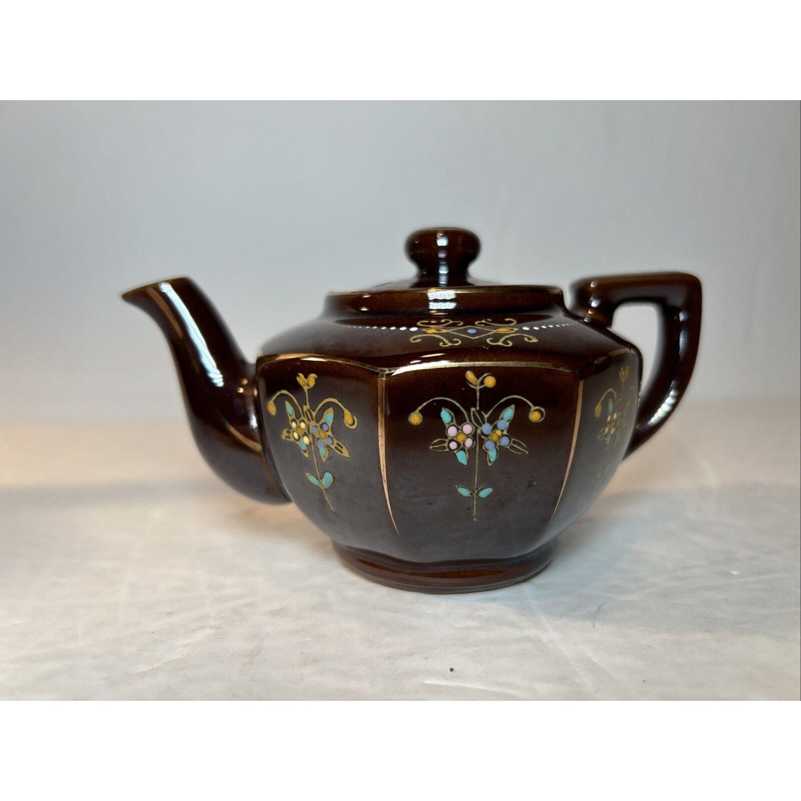 Vintage Japan Brown Ceramic Teapots with Lids – Hand Painted Floral Gold Accents